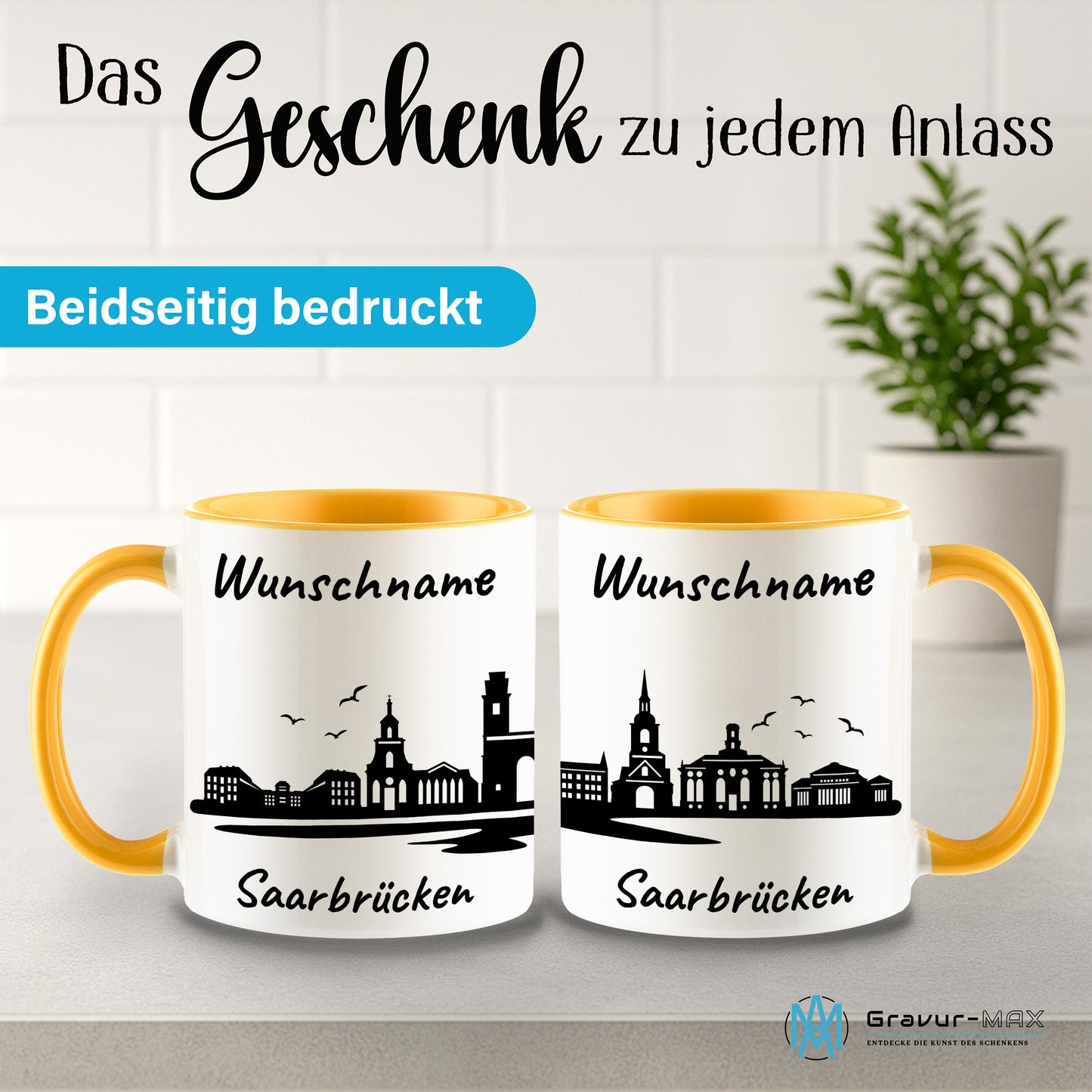 Tasse in Goldgelb 330ml bedruckt mit der Skyline von Saarbrücken personalisierbar mit Wunschname