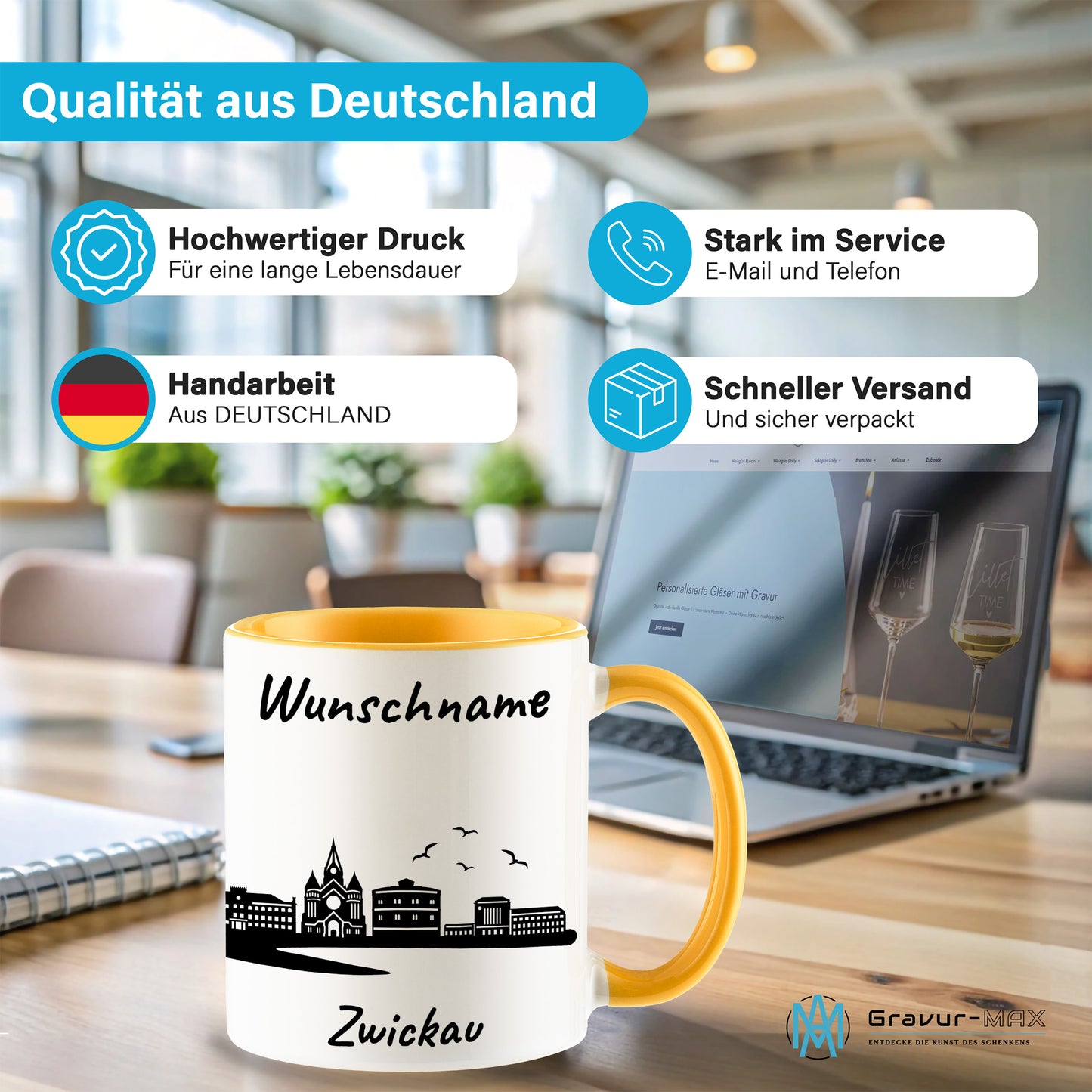 Tasse in Goldgelb 330ml bedruckt mit der Skyline von Zwickau personalisierbar mit Wunschname