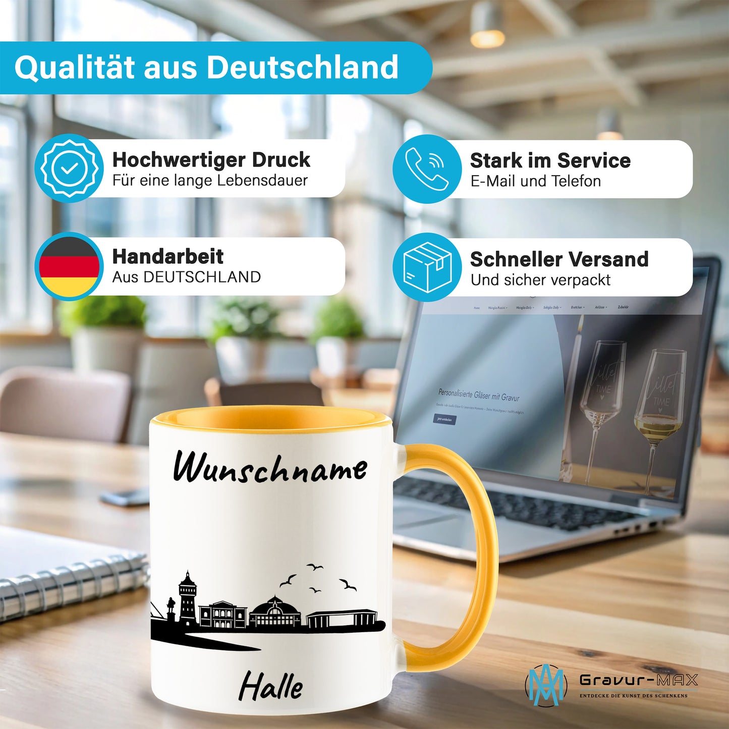 Tasse in Goldgelb 330ml bedruckt mit der Skyline von Halle personalisierbar mit Wunschname