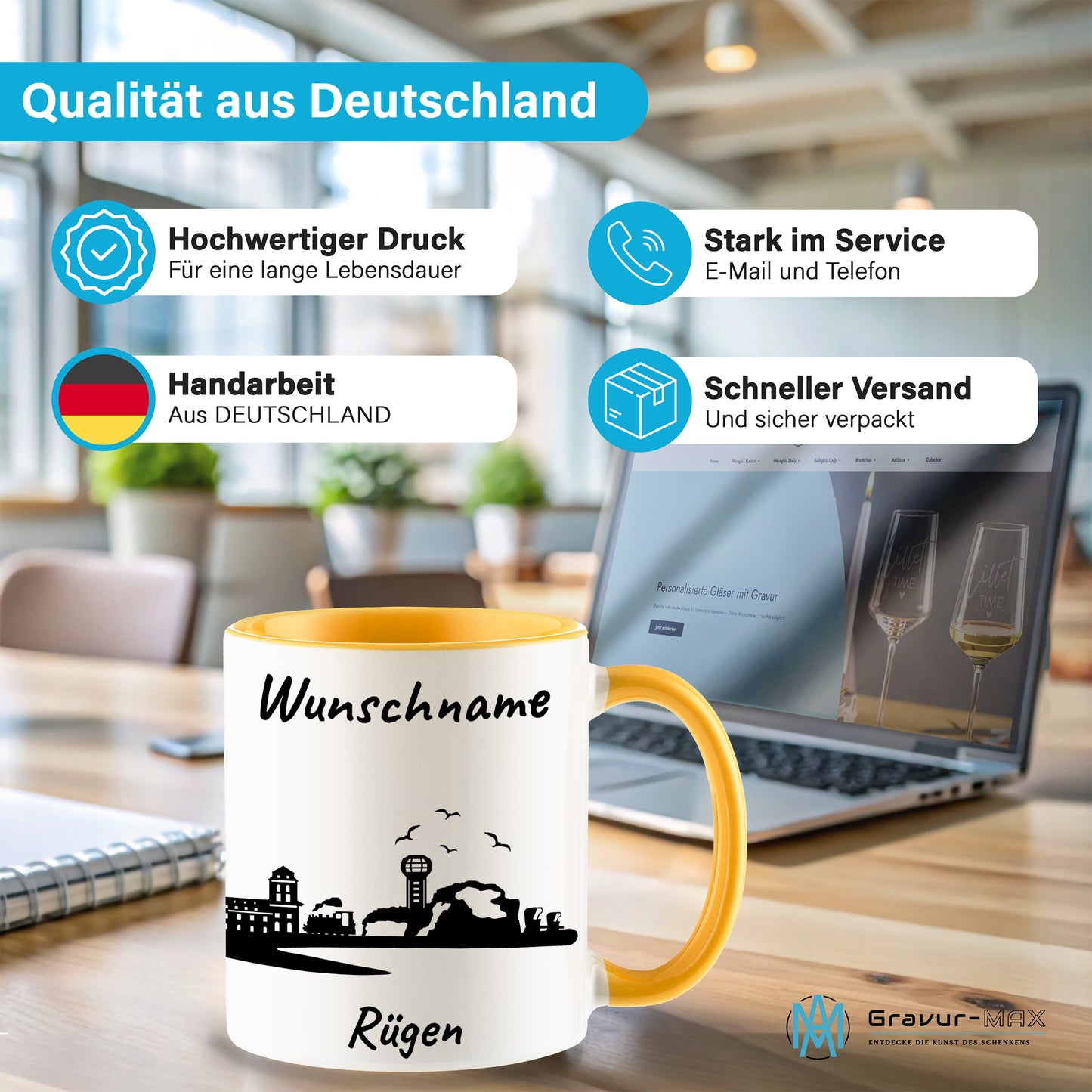 Tasse in Goldgelb 330ml bedruckt mit der Skyline von Rügen personalisierbar mit Wunschname