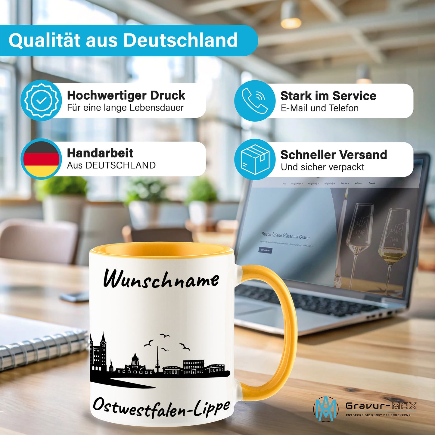 Tasse in Goldgelb 330ml bedruckt mit der Skyline von Ostwestfalen-Lippe personalisierbar mit Wunschname
