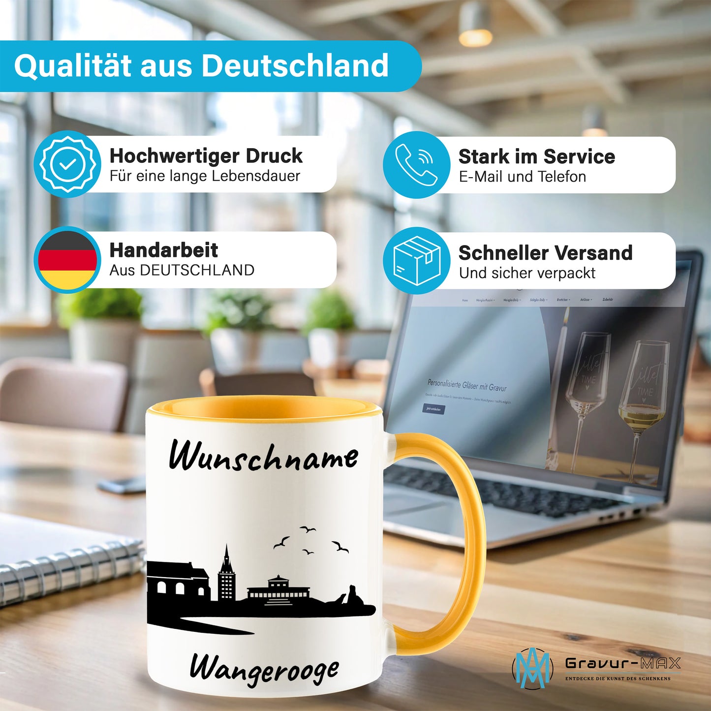 Tasse in Goldgelb 330ml bedruckt mit der Skyline von Wangerooge personalisierbar mit Wunschname