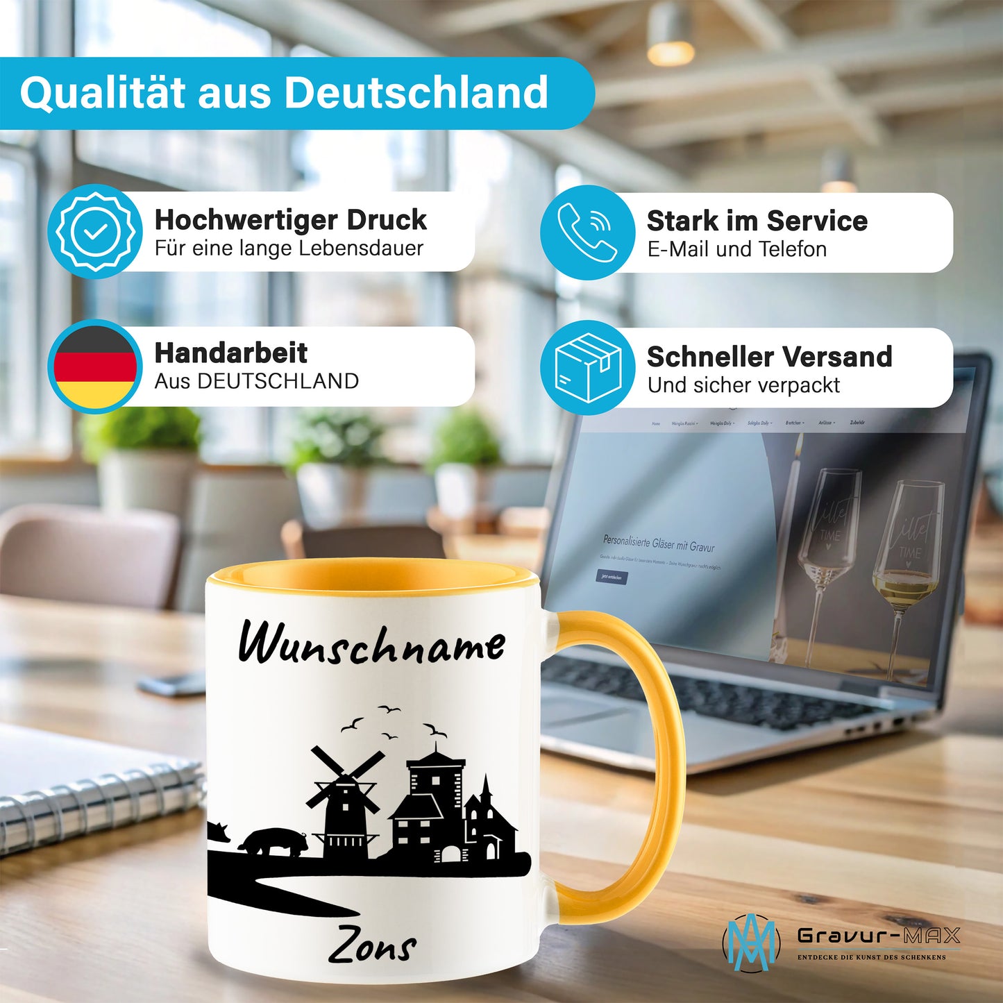 Tasse in Goldgelb 330ml bedruckt mit der Skyline von Zons (Dormagen) personalisierbar mit Wunschname