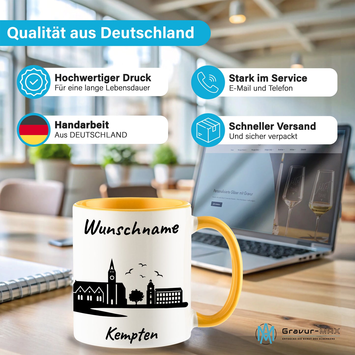 Tasse in Goldgelb 330ml bedruckt mit der Skyline von Kempten personalisierbar mit Wunschname