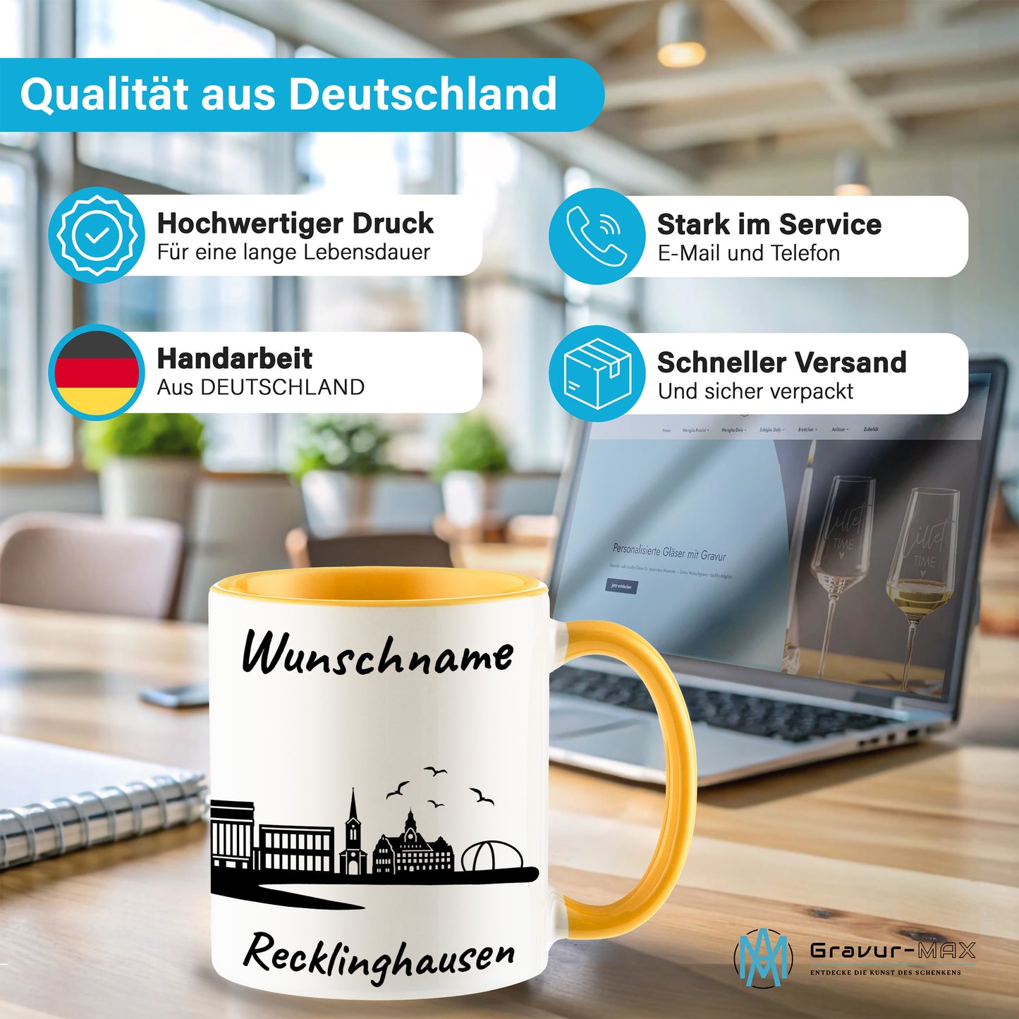 Tasse in Goldgelb 330ml bedruckt mit der Skyline von Recklinghausen personalisierbar mit Wunschname
