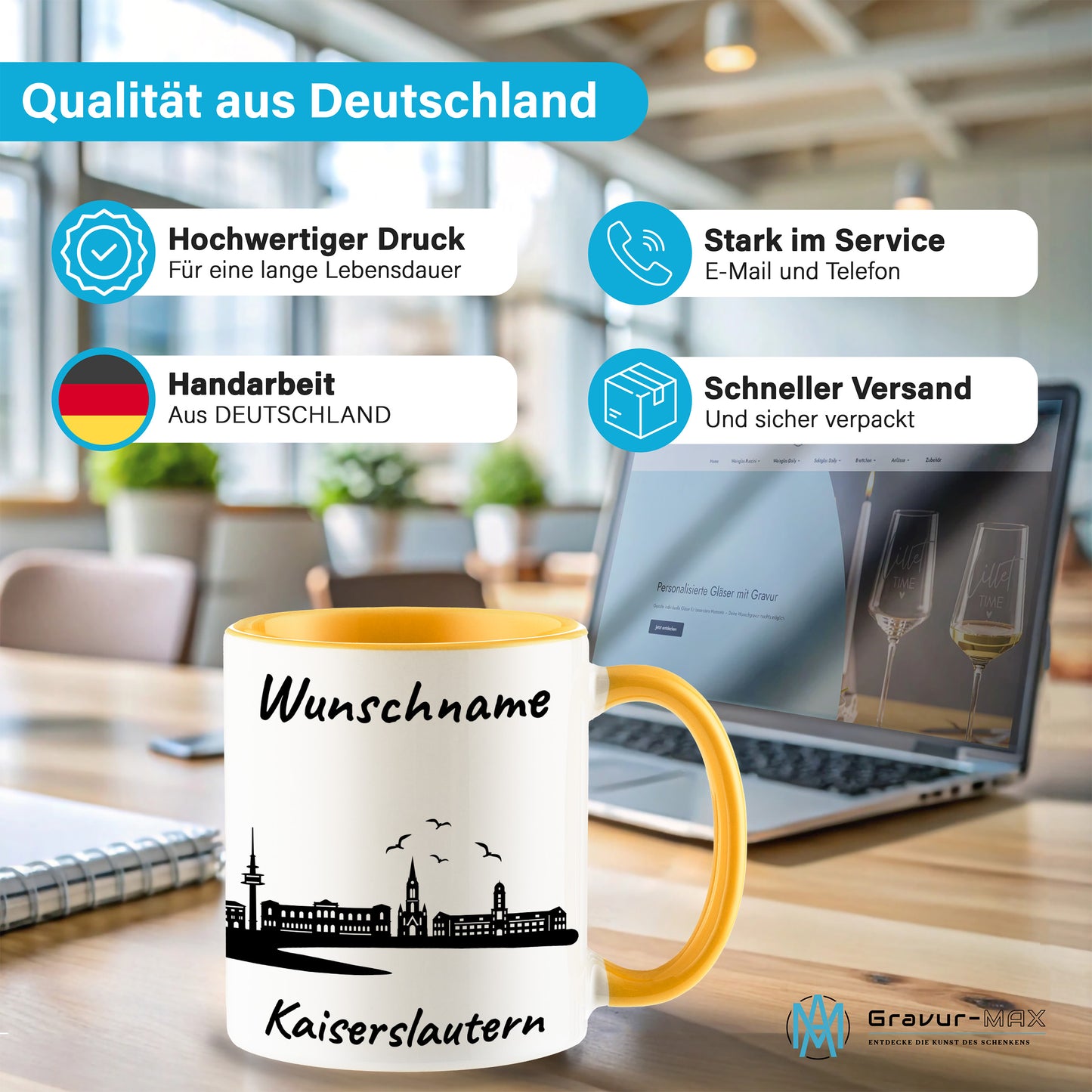 Tasse in Goldgelb 330ml bedruckt mit der Skyline von Kaiserslautern personalisierbar mit Wunschname