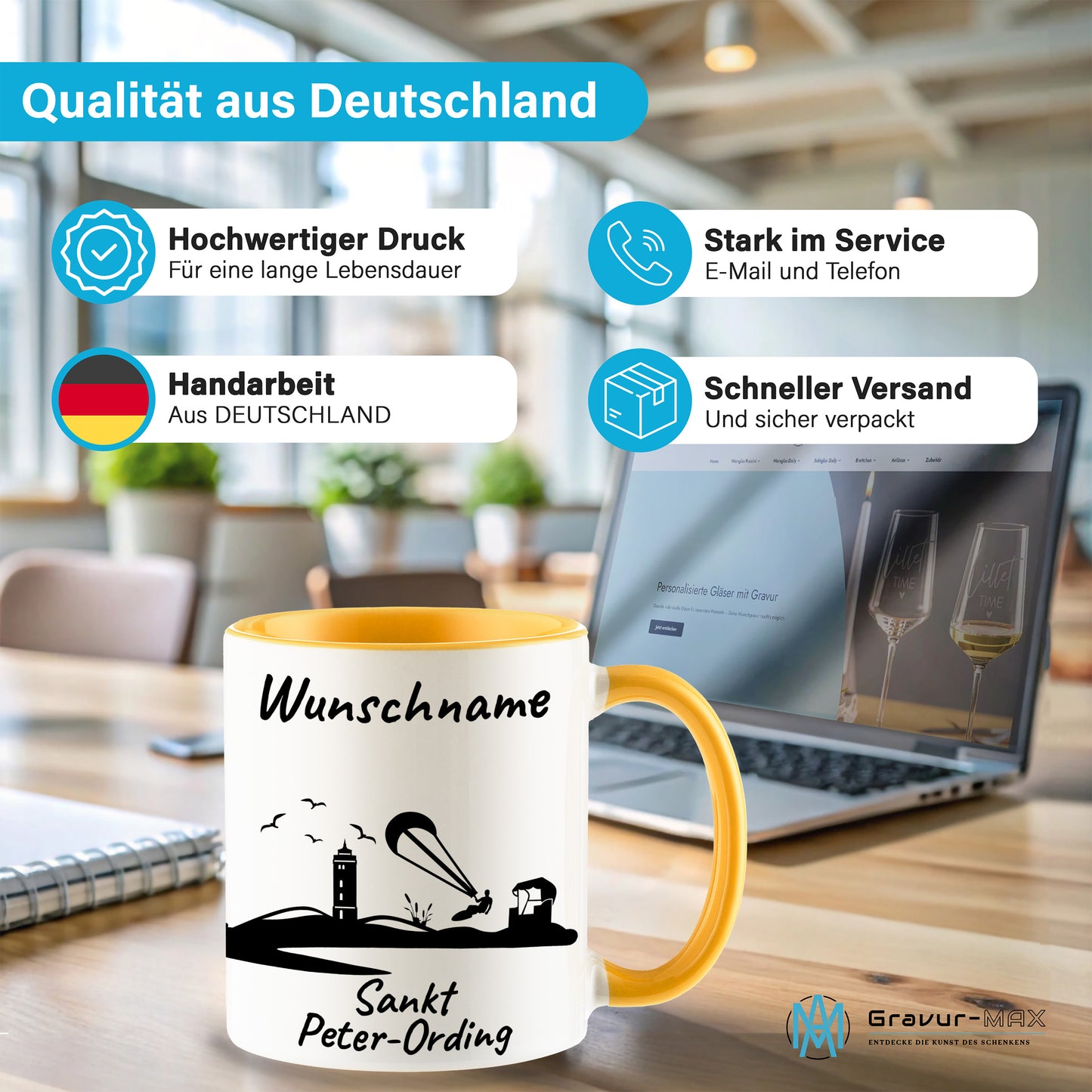 Tasse in Goldgelb 330ml bedruckt mit der Skyline von Sankt Peter-Ording personalisierbar mit Wunschname