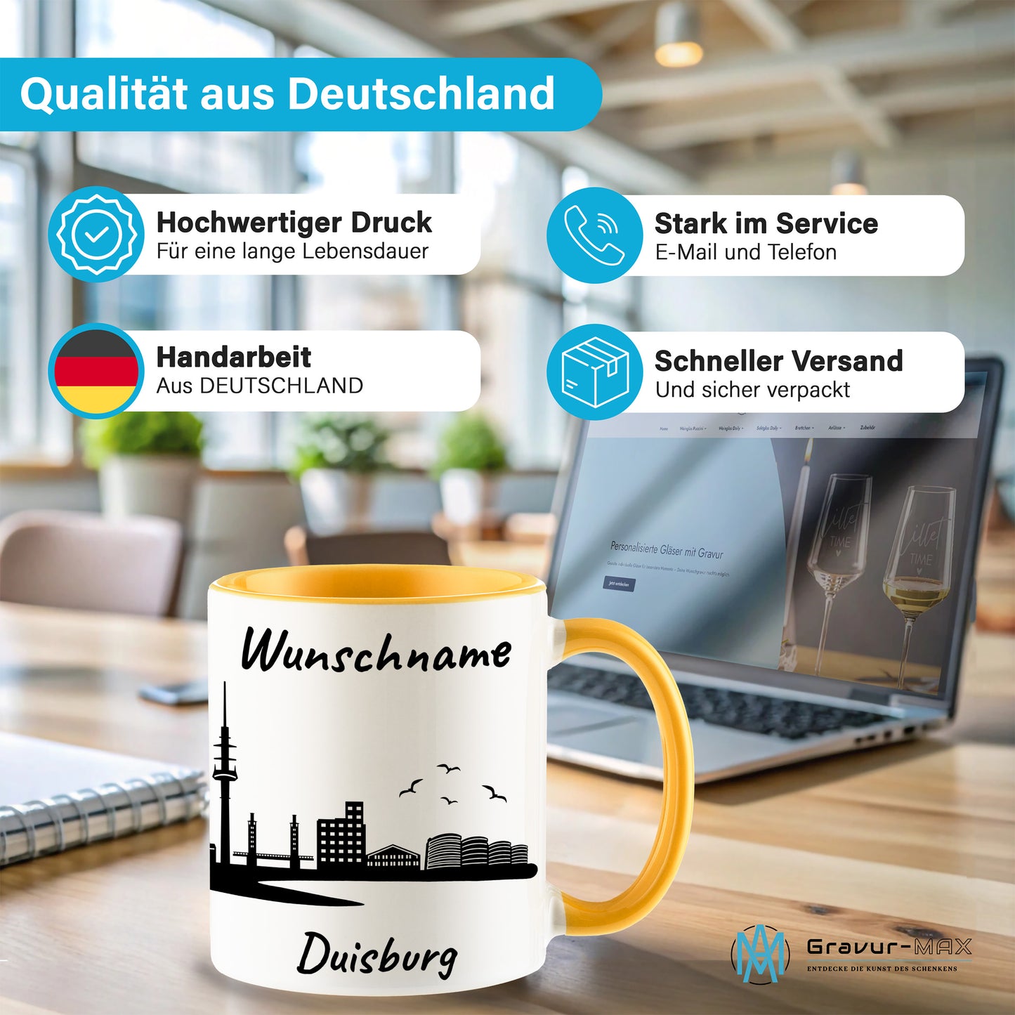 Tasse in Goldgelb 330ml bedruckt mit der Skyline von Duisburg personalisierbar mit Wunschname