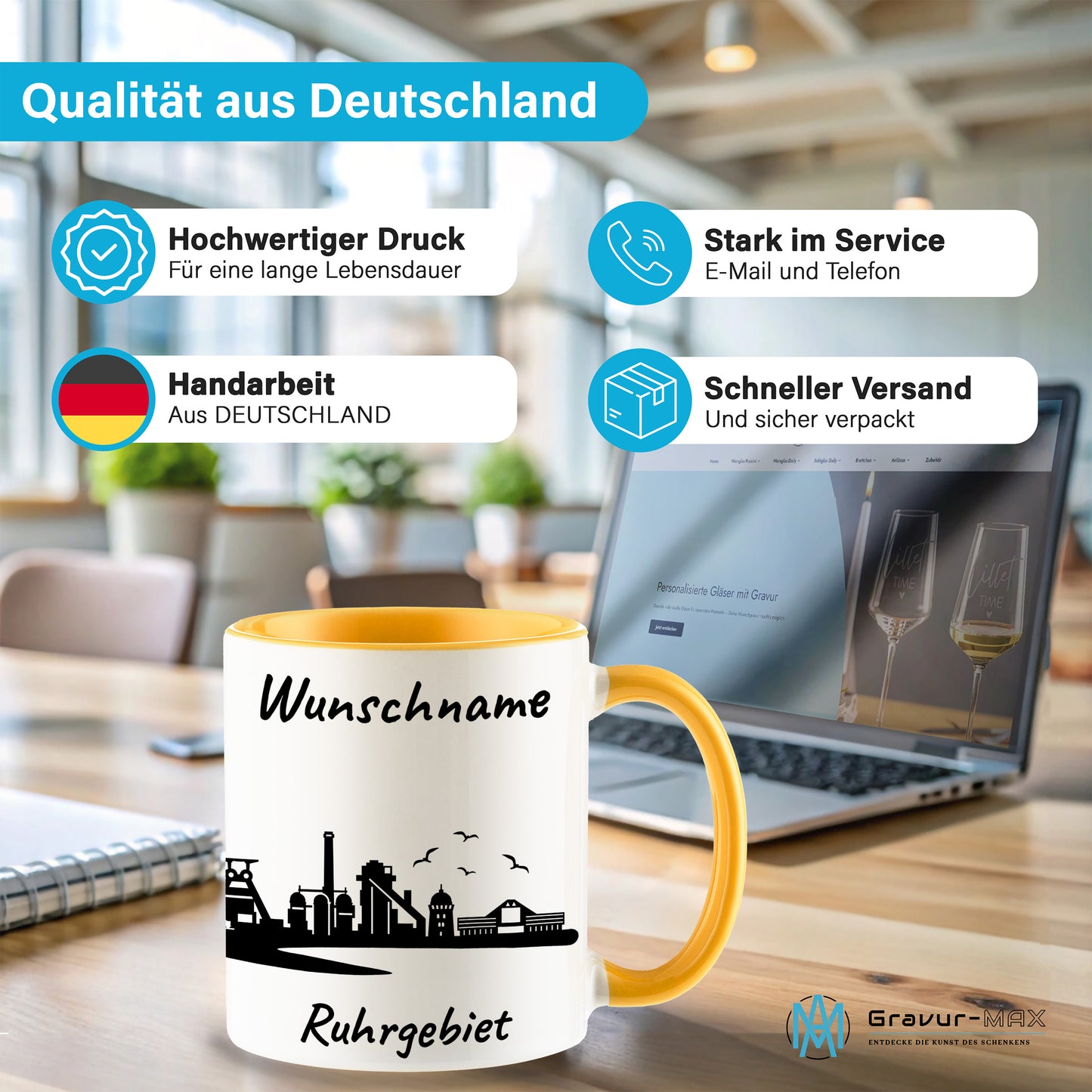 Tasse in Goldgelb 330ml bedruckt mit der Skyline von Ruhrgebiet personalisierbar mit Wunschname