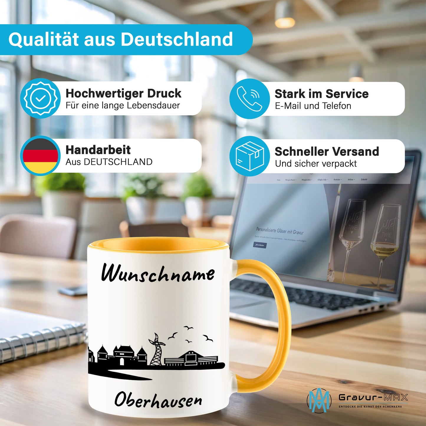 Tasse in Goldgelb 330ml bedruckt mit der Skyline von Oberhausen personalisierbar mit Wunschname