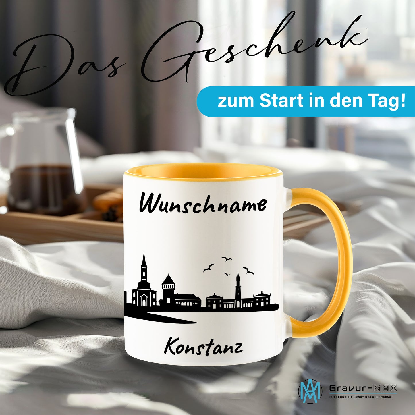 Tasse in Goldgelb 330ml bedruckt mit der Skyline von Konstanz personalisierbar mit Wunschname
