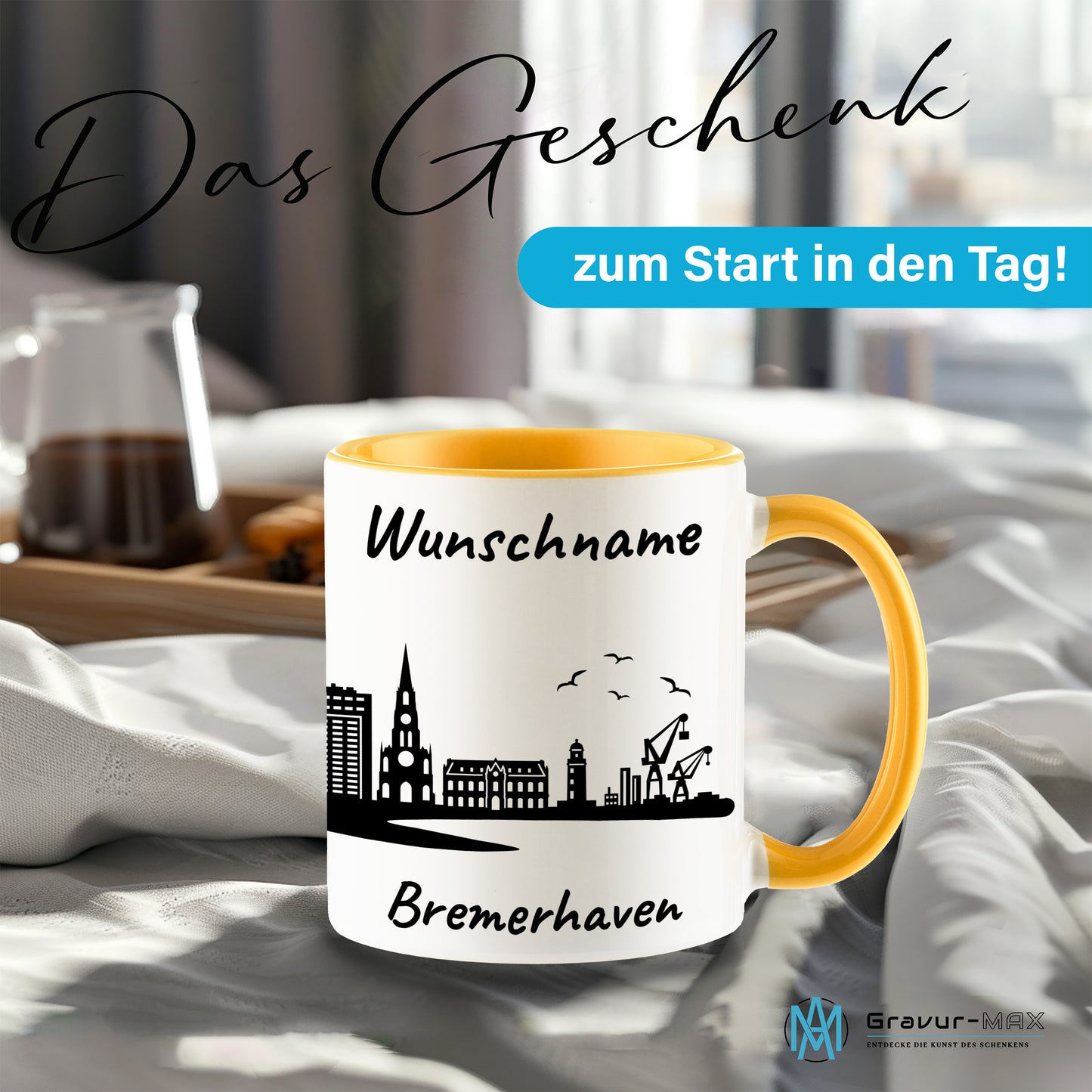 Tasse in Goldgelb 330ml bedruckt mit der Skyline von Bremerhaven personalisierbar mit Wunschname