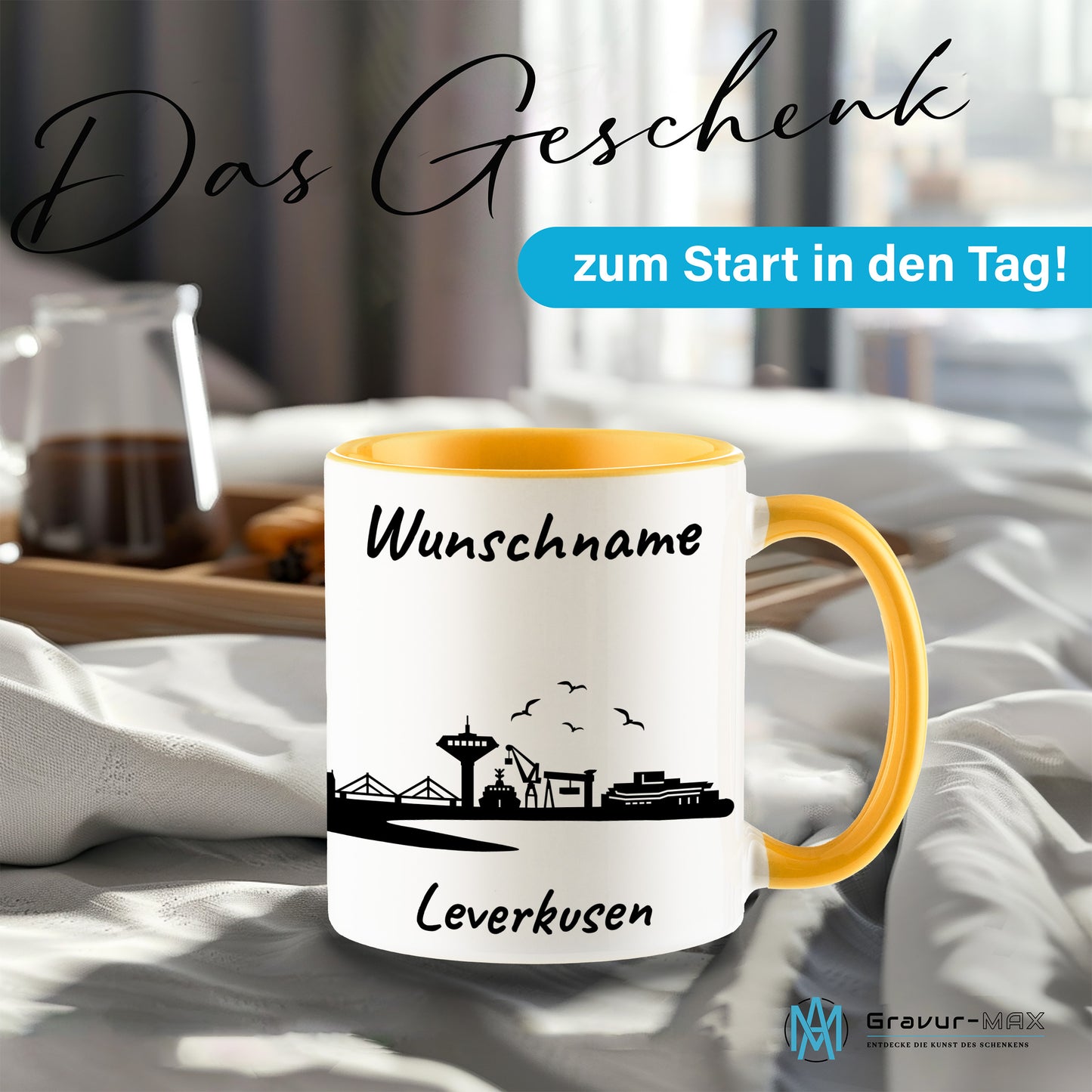 Tasse in Goldgelb 330ml bedruckt mit der Skyline von Leverkusen personalisierbar mit Wunschname