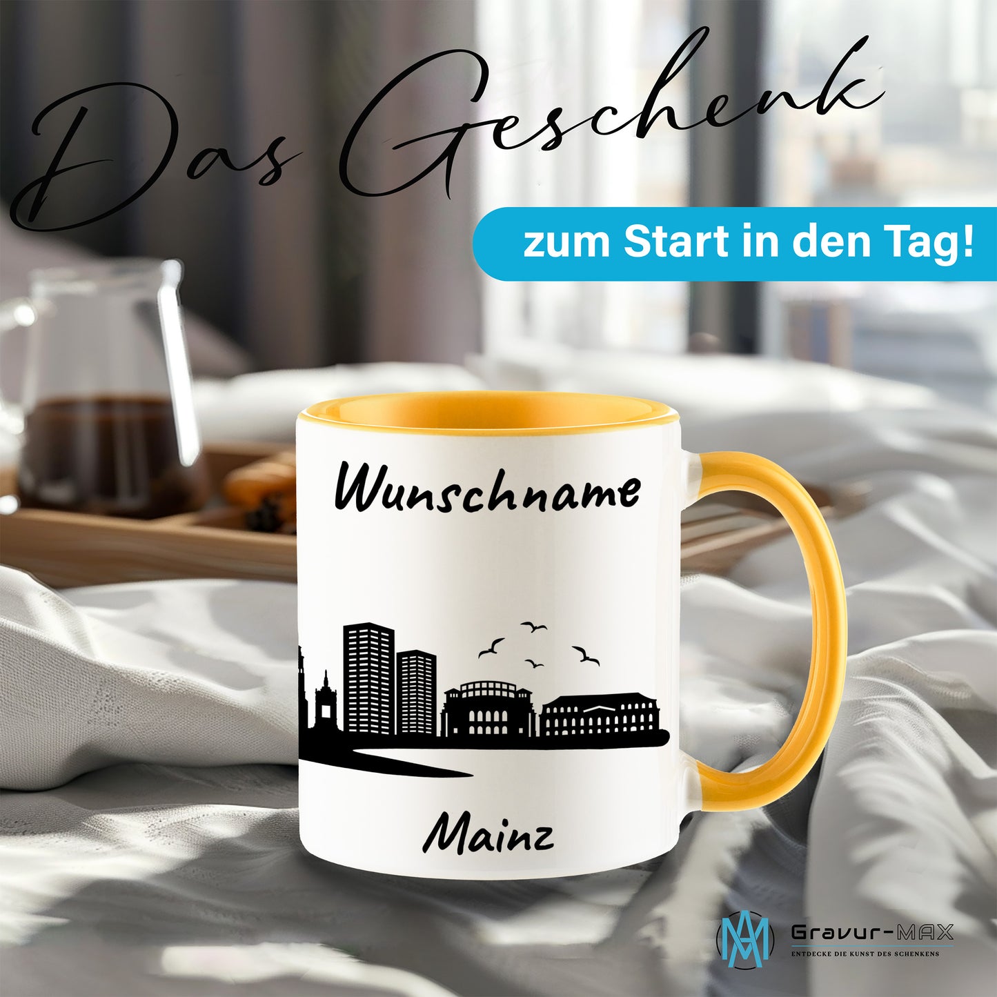 Tasse in Goldgelb 330ml bedruckt mit der Skyline von Mainz personalisierbar mit Wunschname