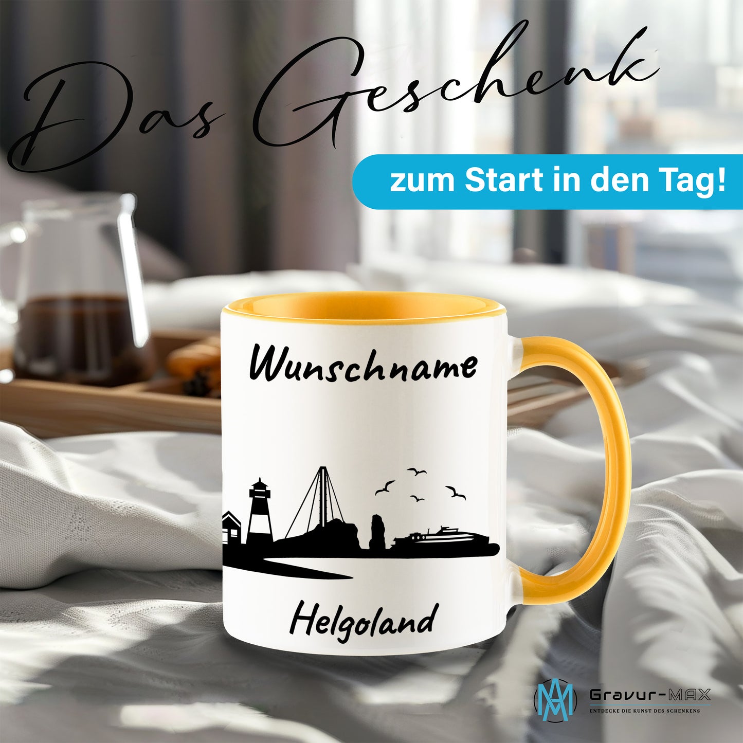 Tasse in Goldgelb 330ml bedruckt mit der Skyline von Helgoland personalisierbar mit Wunschname