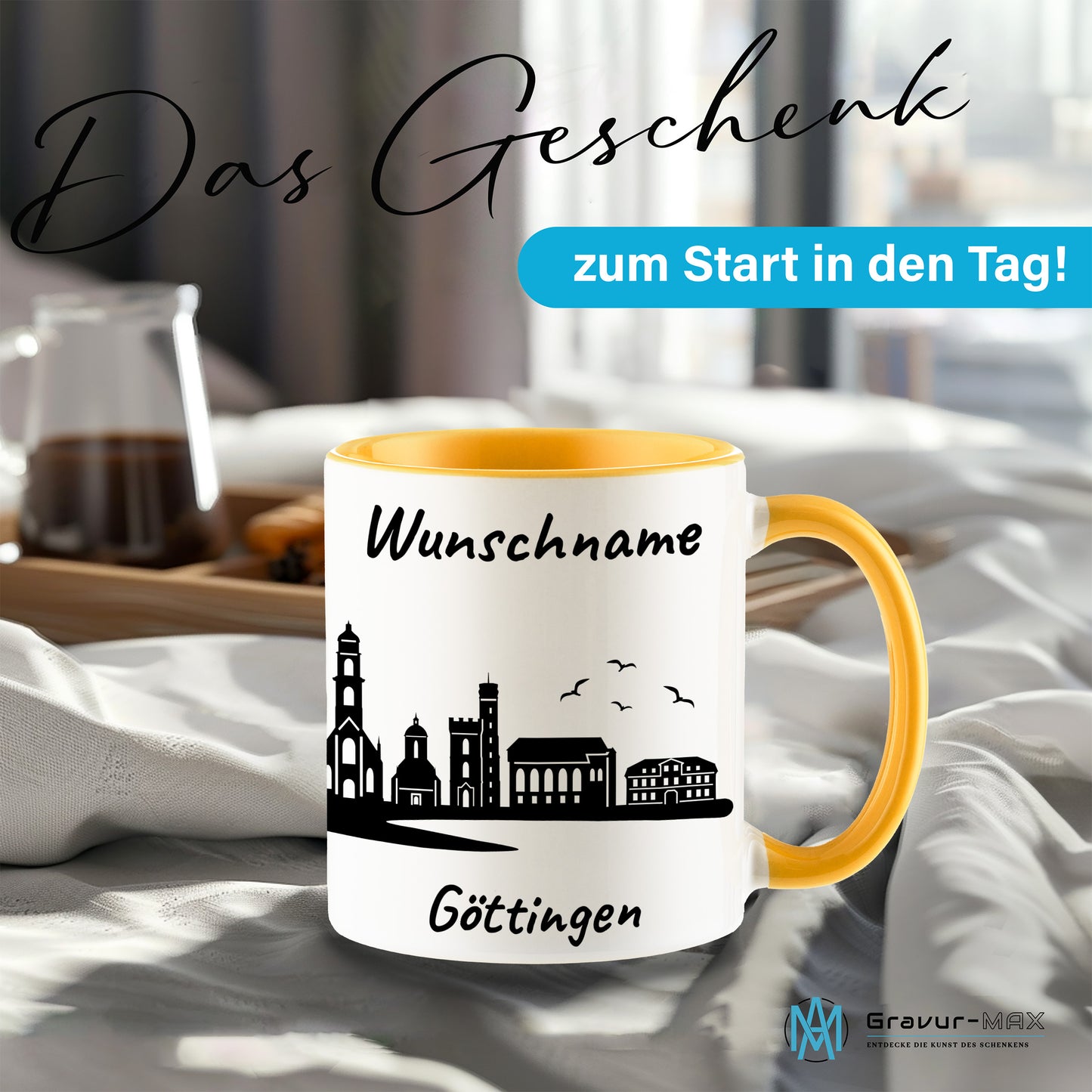 Tasse in Goldgelb 330ml bedruckt mit der Skyline von Göttingen personalisierbar mit Wunschname