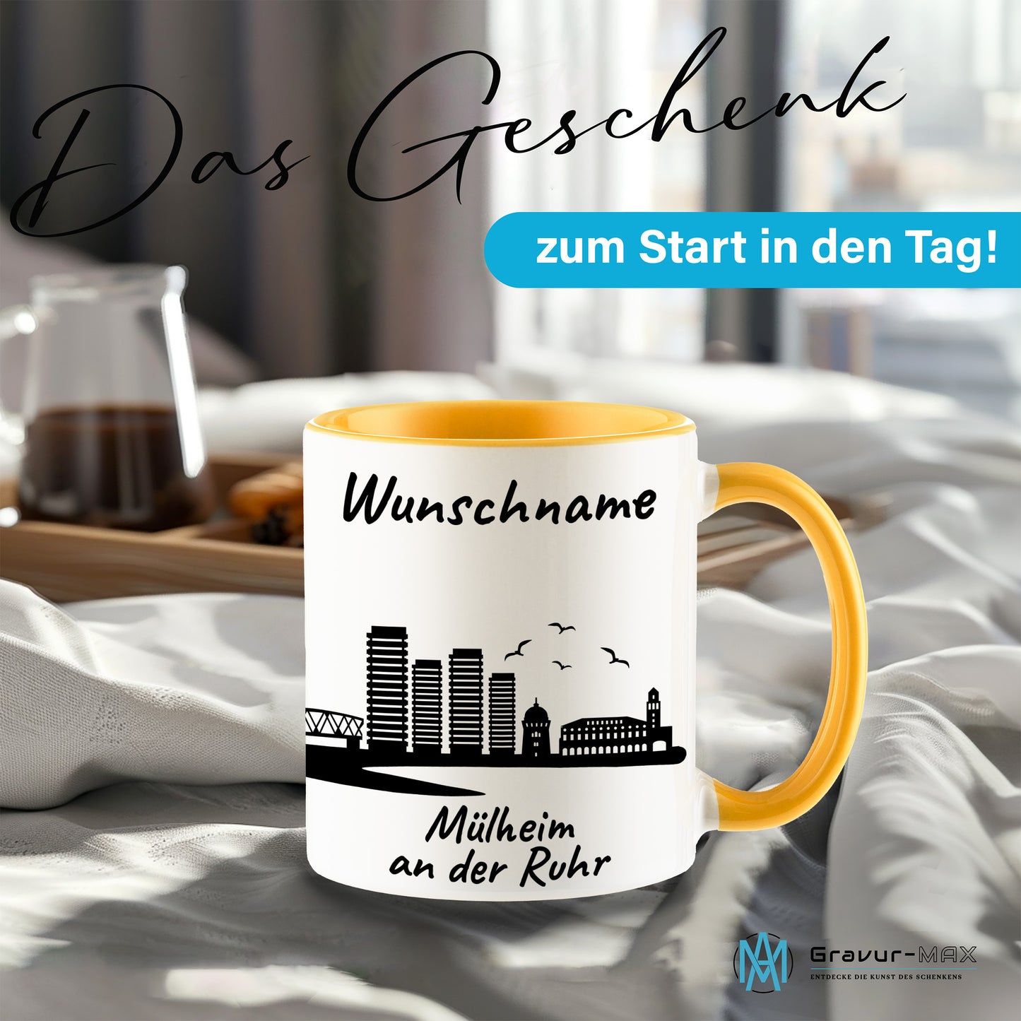 Tasse in Goldgelb 330ml bedruckt mit der Skyline von Mülheim an der Ruhr personalisierbar mit Wunschname