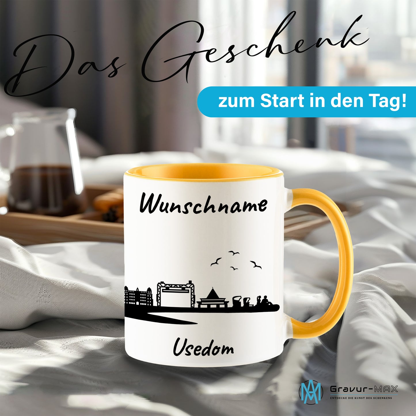 Tasse in Goldgelb 330ml bedruckt mit der Skyline von Usedom personalisierbar mit Wunschname