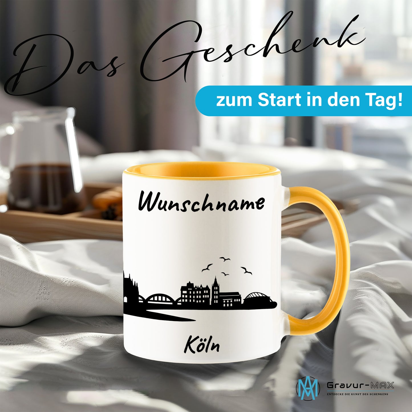 Tasse in Goldgelb 330ml bedruckt mit der Skyline von Köln personalisierbar mit Wunschname