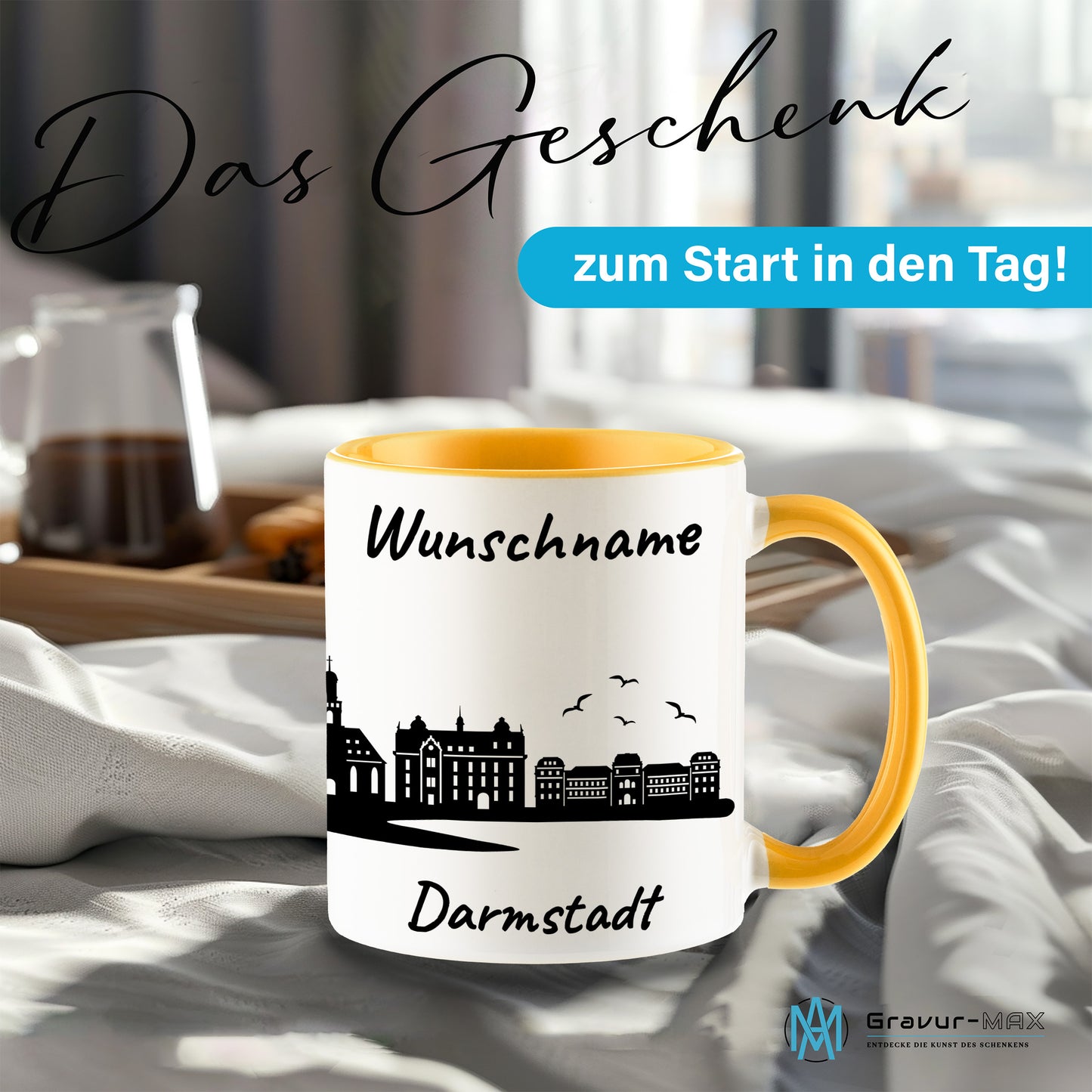 Tasse in Goldgelb 330ml bedruckt mit der Skyline von Darmstadt personalisierbar mit Wunschname