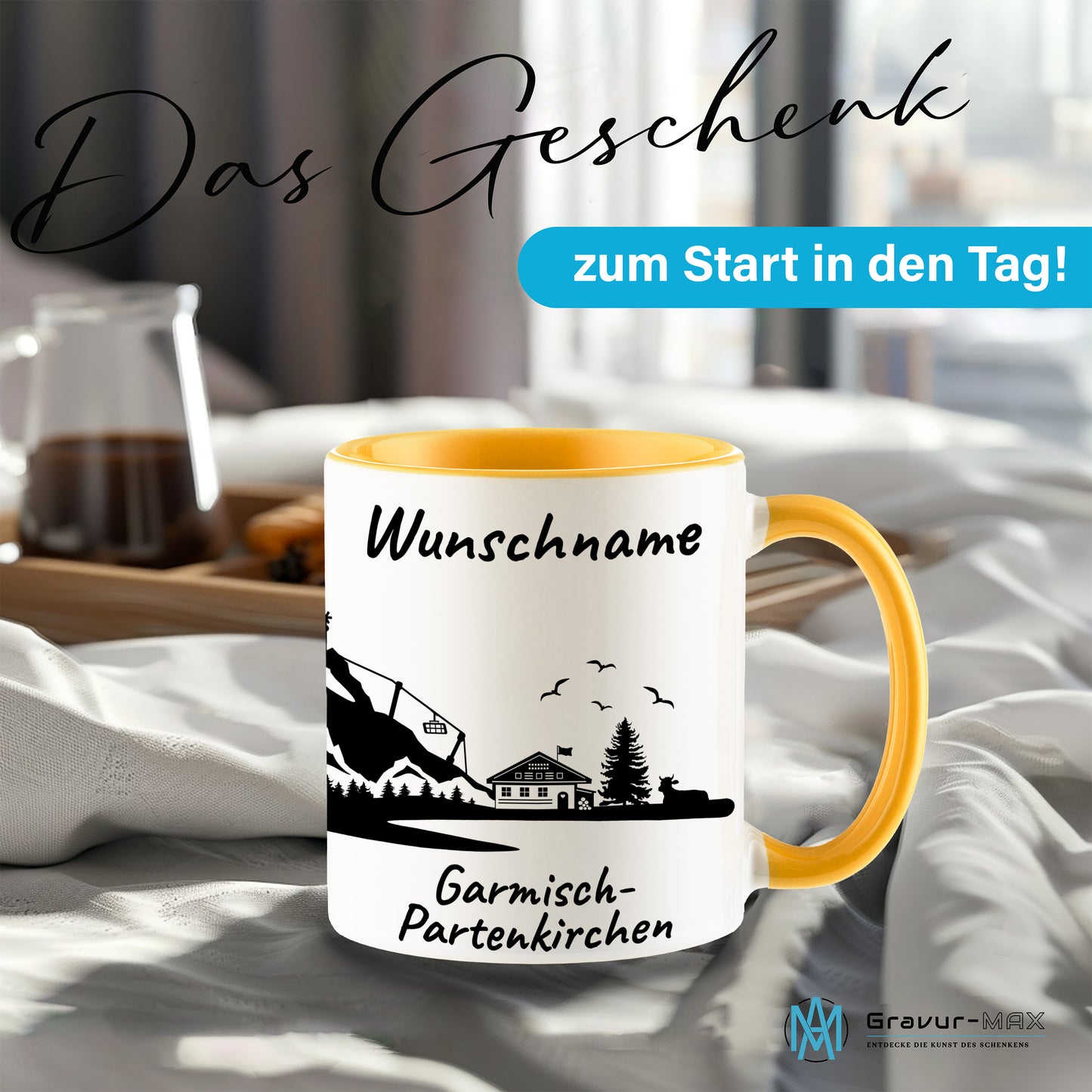 Tasse in Goldgelb 330ml bedruckt mit der Skyline von Garmisch-Partenkirchen personalisierbar mit Wunschname