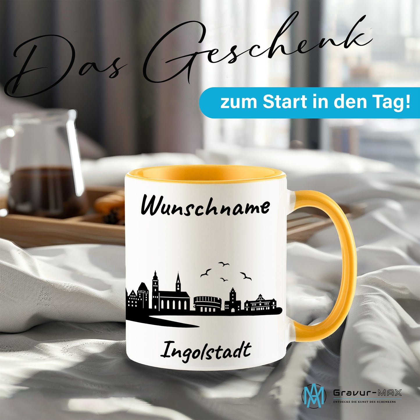 Tasse in Goldgelb 330ml bedruckt mit der Skyline von Ingolstadt personalisierbar mit Wunschname