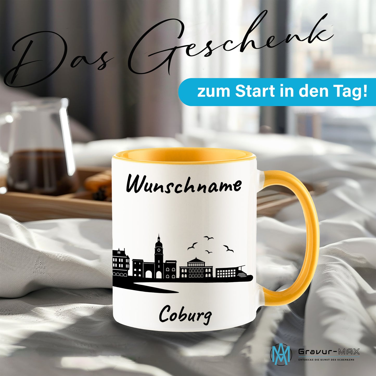 Tasse in Goldgelb 330ml bedruckt mit der Skyline von Coburg personalisierbar mit Wunschname