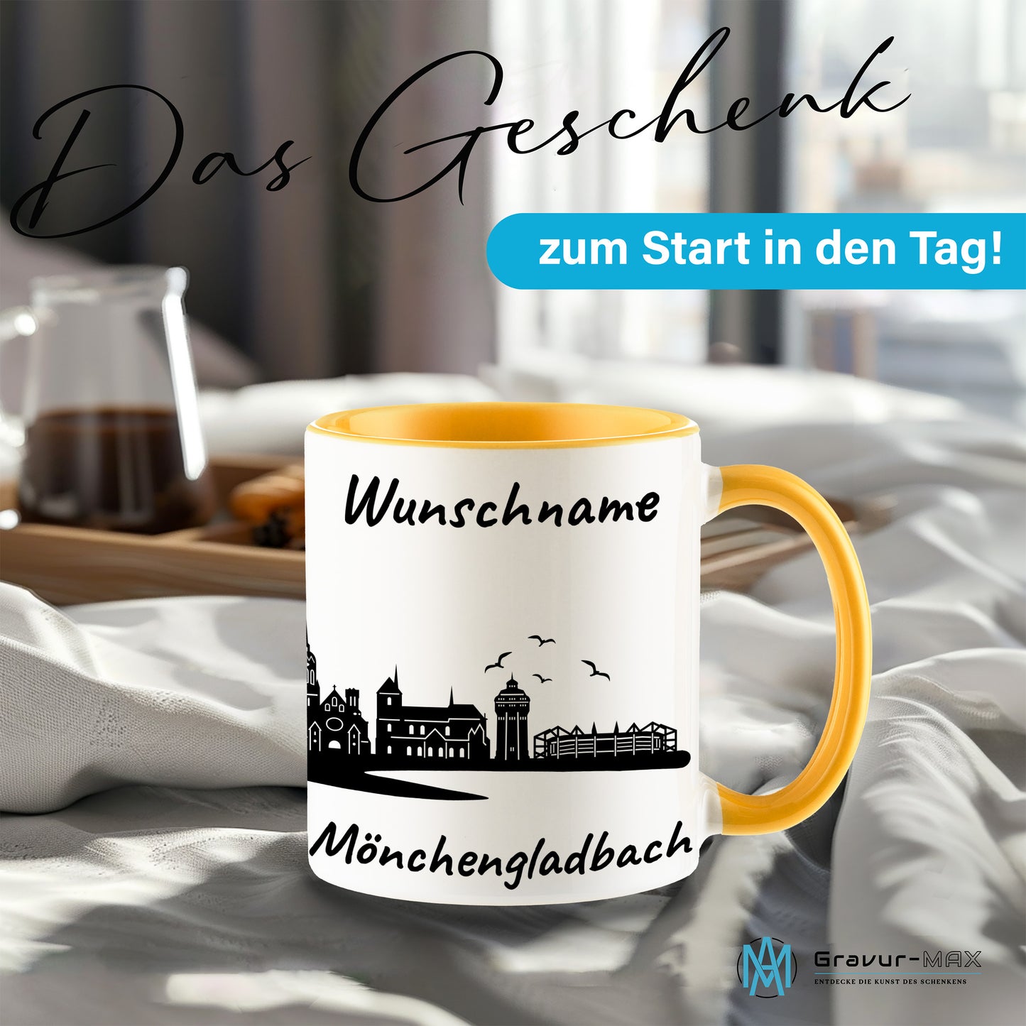 Tasse in Goldgelb 330ml bedruckt mit der Skyline von Mönchengladbach personalisierbar mit Wunschname