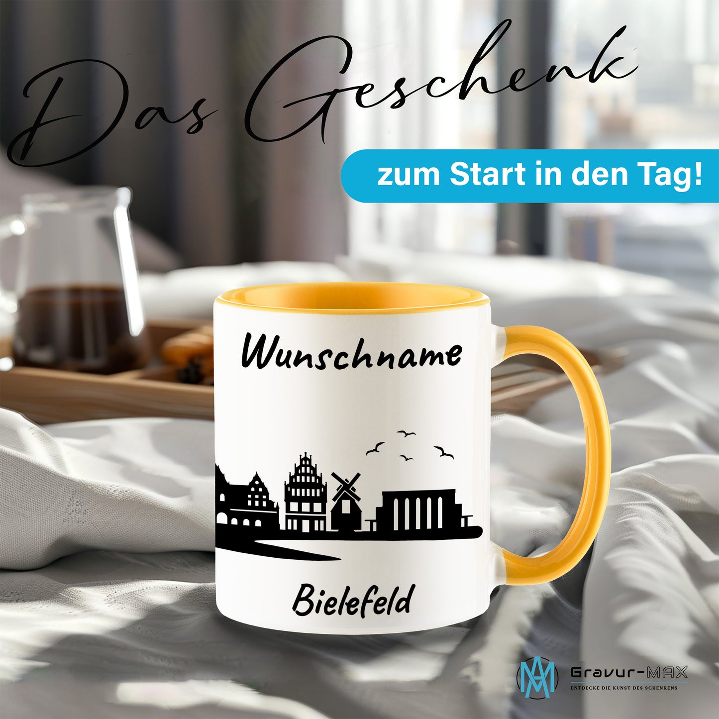 Tasse in Goldgelb 330ml bedruckt mit der Skyline von Bielefeld personalisierbar mit Wunschname