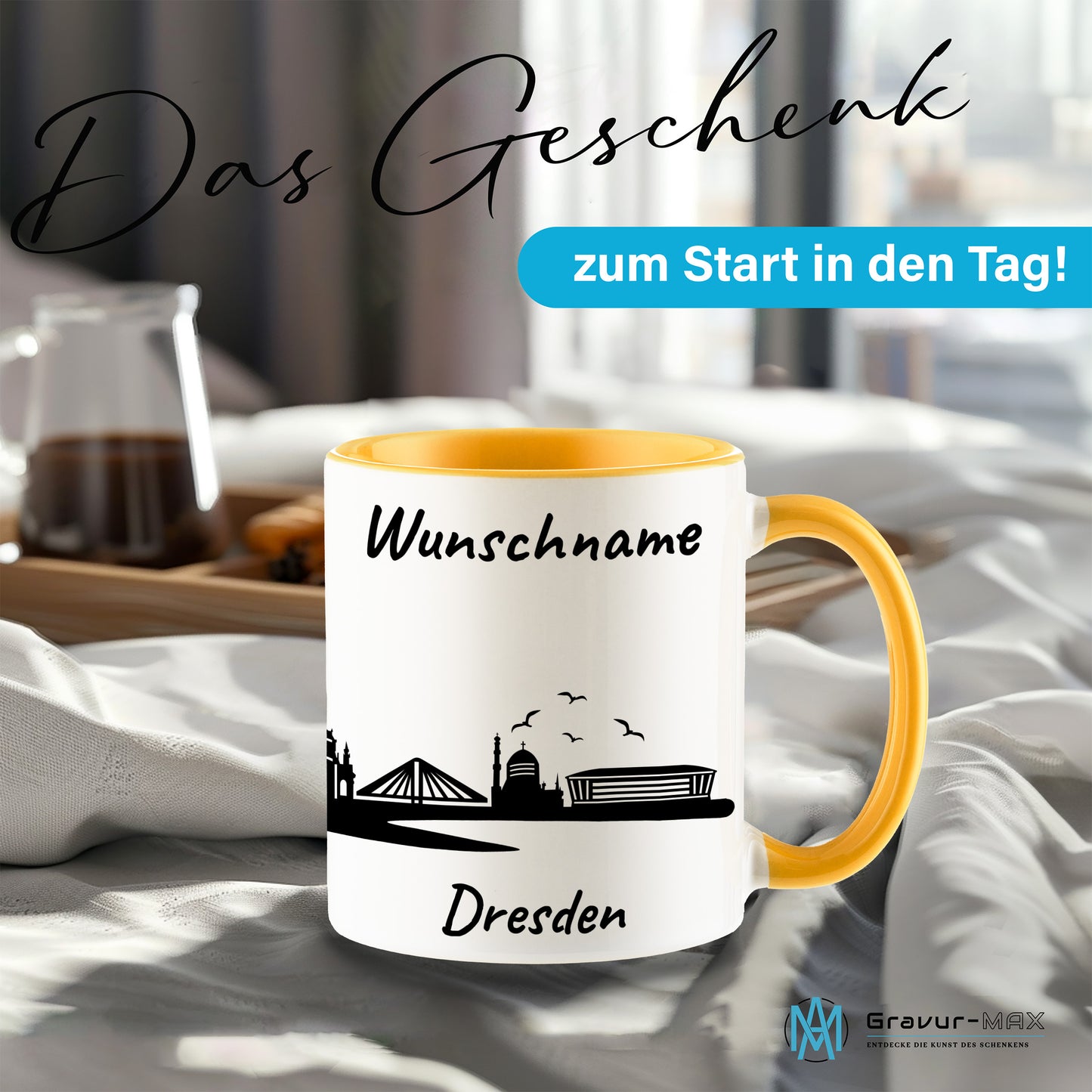 Tasse in Goldgelb 330ml bedruckt mit der Skyline von Dresden personalisierbar mit Wunschname