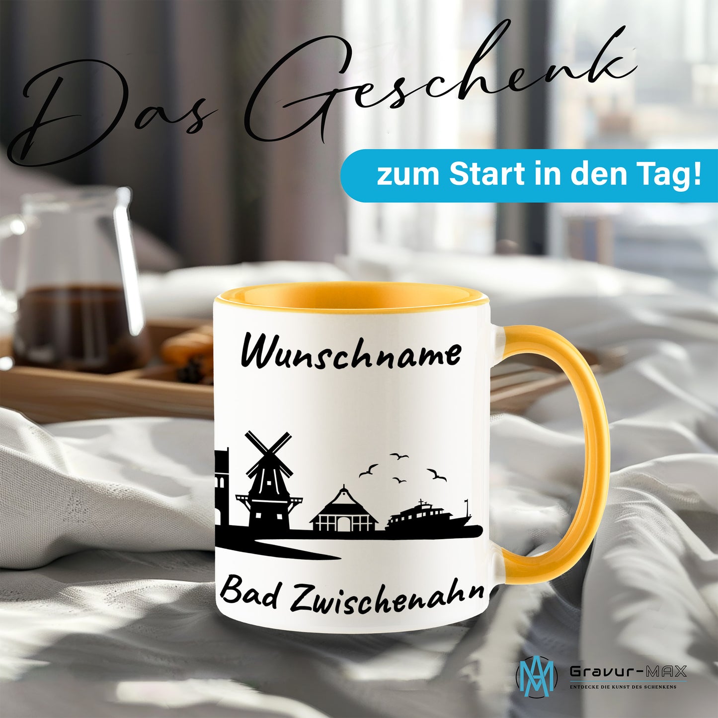 Tasse in Goldgelb 330ml bedruckt mit der Skyline von Bad Zwischenahn personalisierbar mit Wunschname