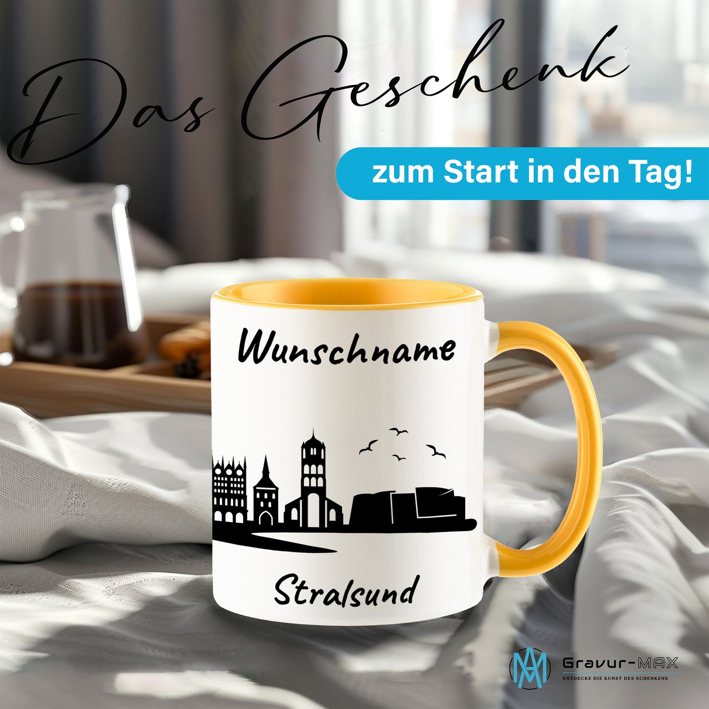 Tasse in Goldgelb 330ml bedruckt mit der Skyline von Stralsund personalisierbar mit Wunschname