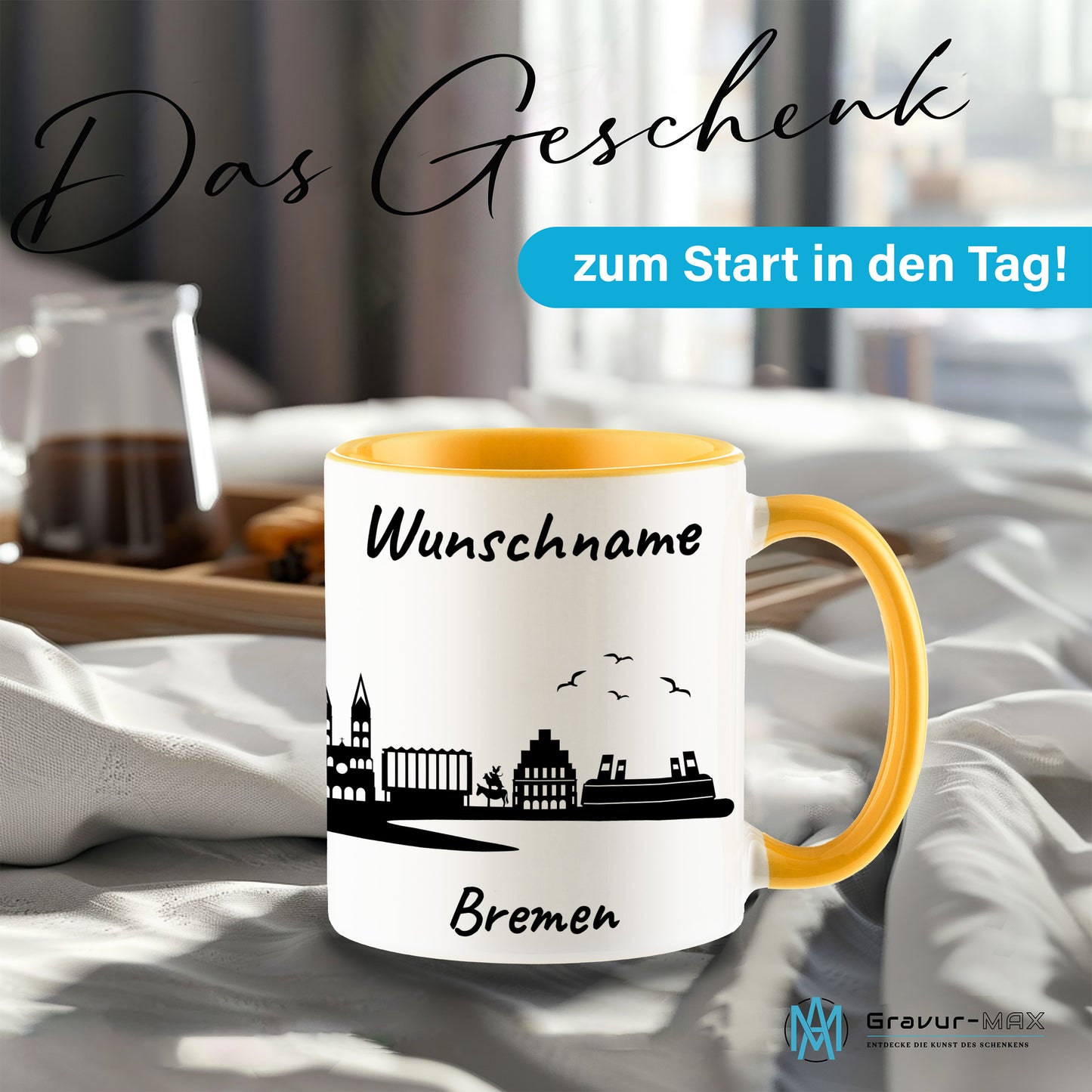 Tasse in Goldgelb 330ml bedruckt mit der Skyline von Bremen personalisierbar mit Wunschname