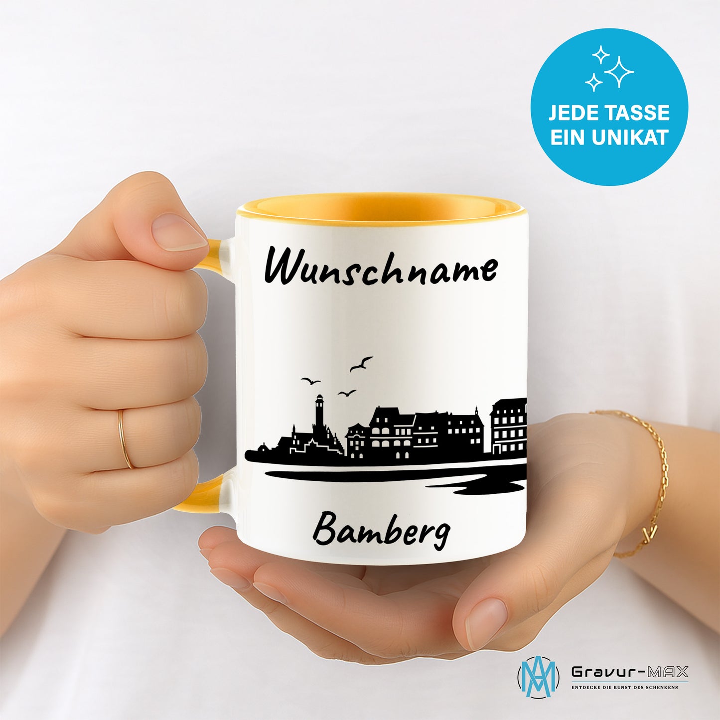 Tasse in Goldgelb 330ml bedruckt mit der Skyline von Bamberg personalisierbar mit Wunschname