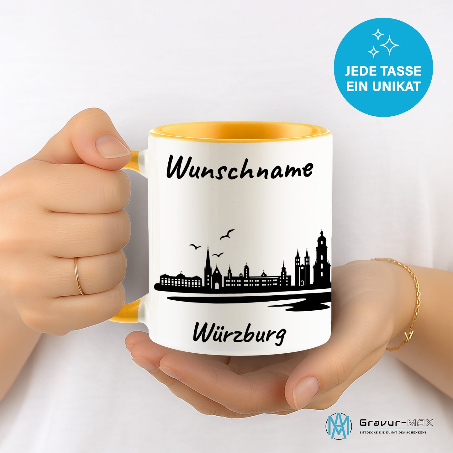 Tasse in Goldgelb 330ml bedruckt mit der Skyline von Würzburg personalisierbar mit Wunschname