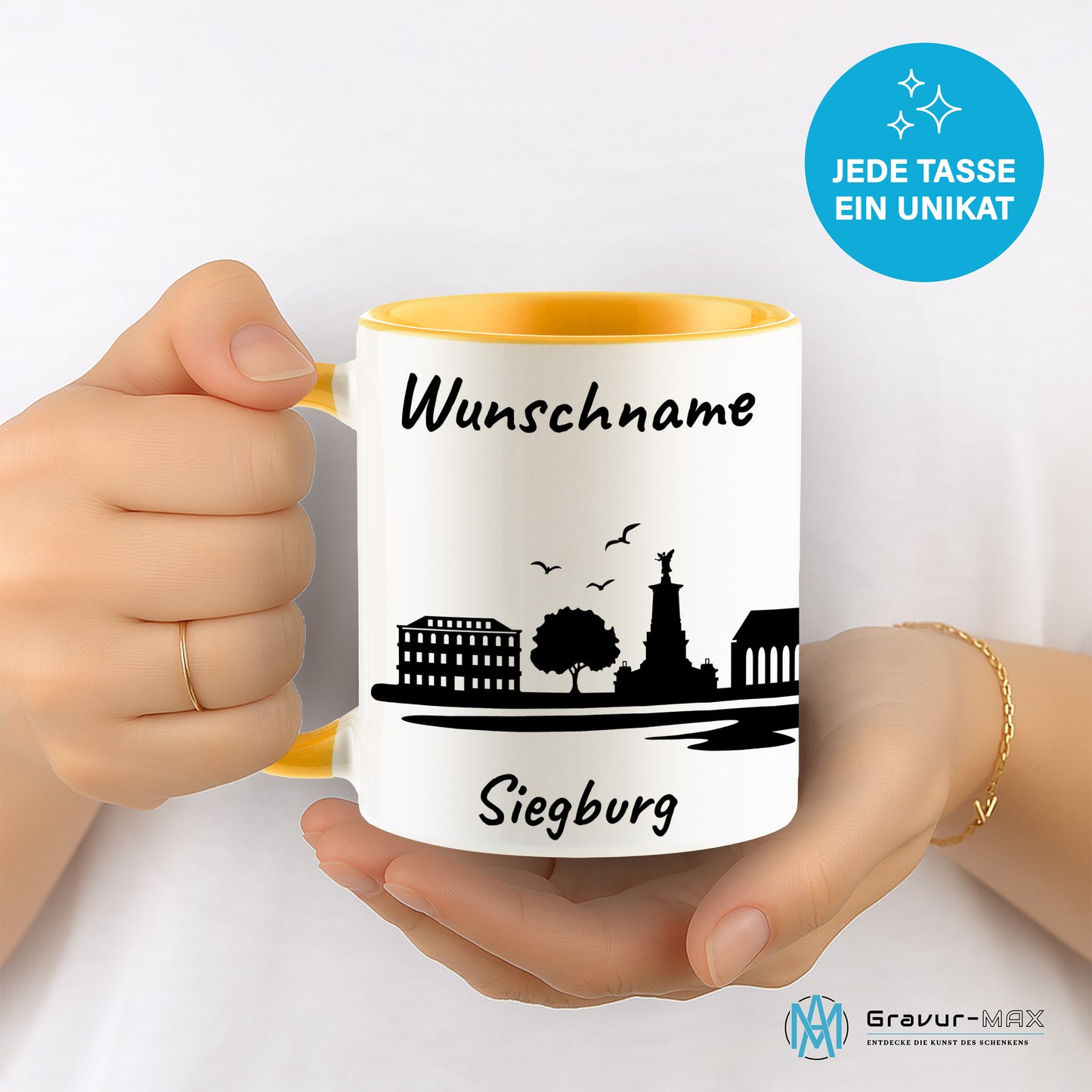 Tasse in Goldgelb 330ml bedruckt mit der Skyline von Siegburg personalisierbar mit Wunschname
