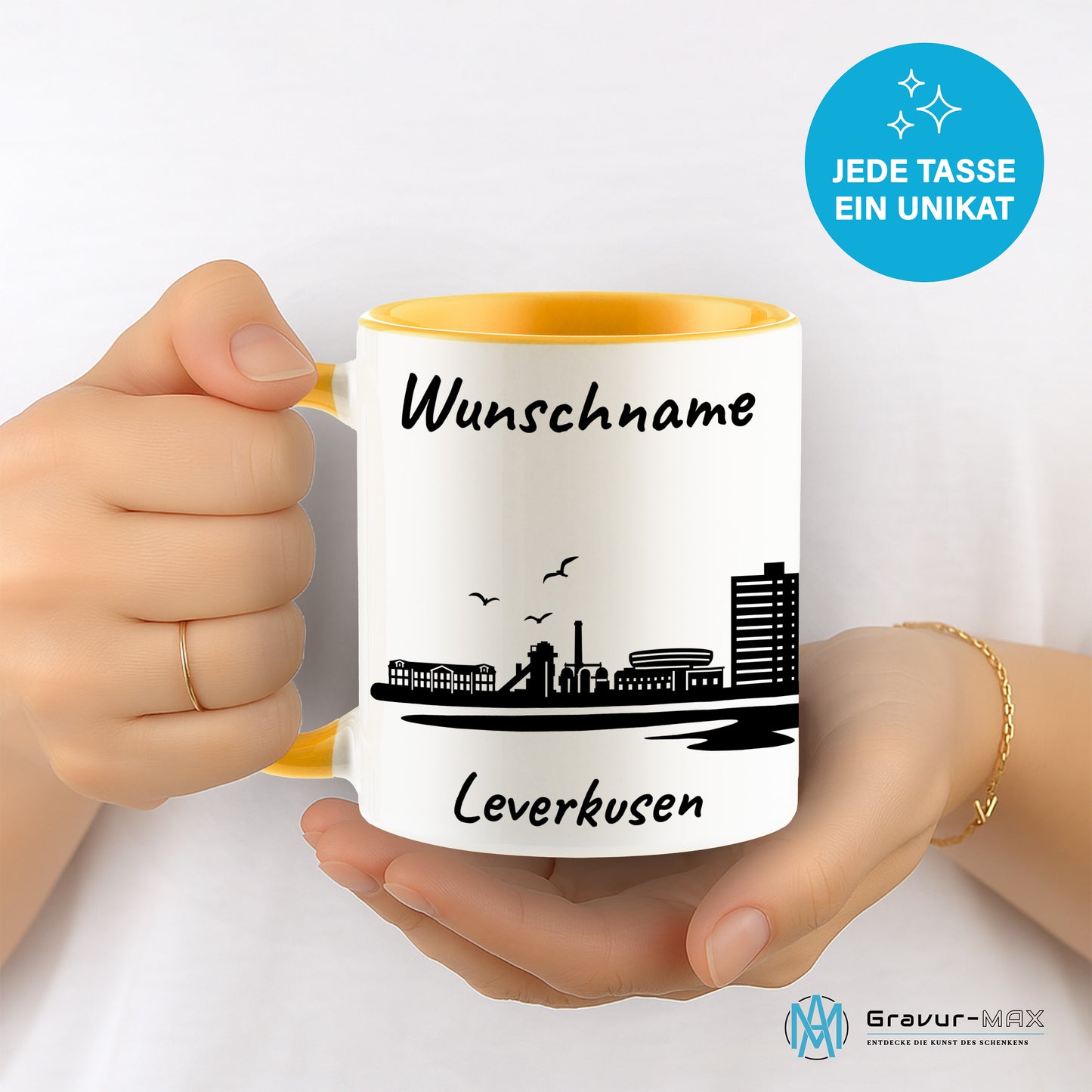 Tasse in Goldgelb 330ml bedruckt mit der Skyline von Leverkusen personalisierbar mit Wunschname