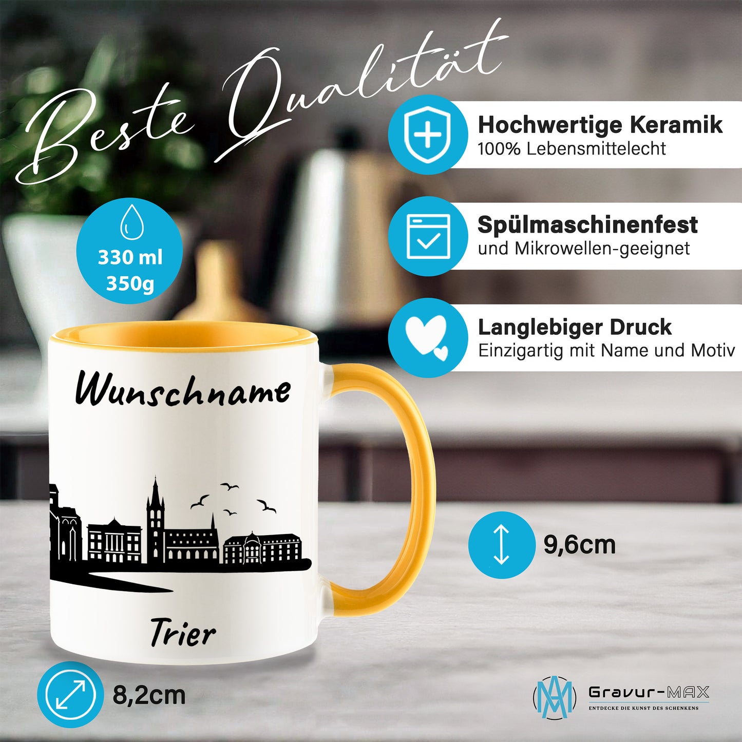 Tasse in Goldgelb 330ml bedruckt mit der Skyline von Trier personalisierbar mit Wunschname