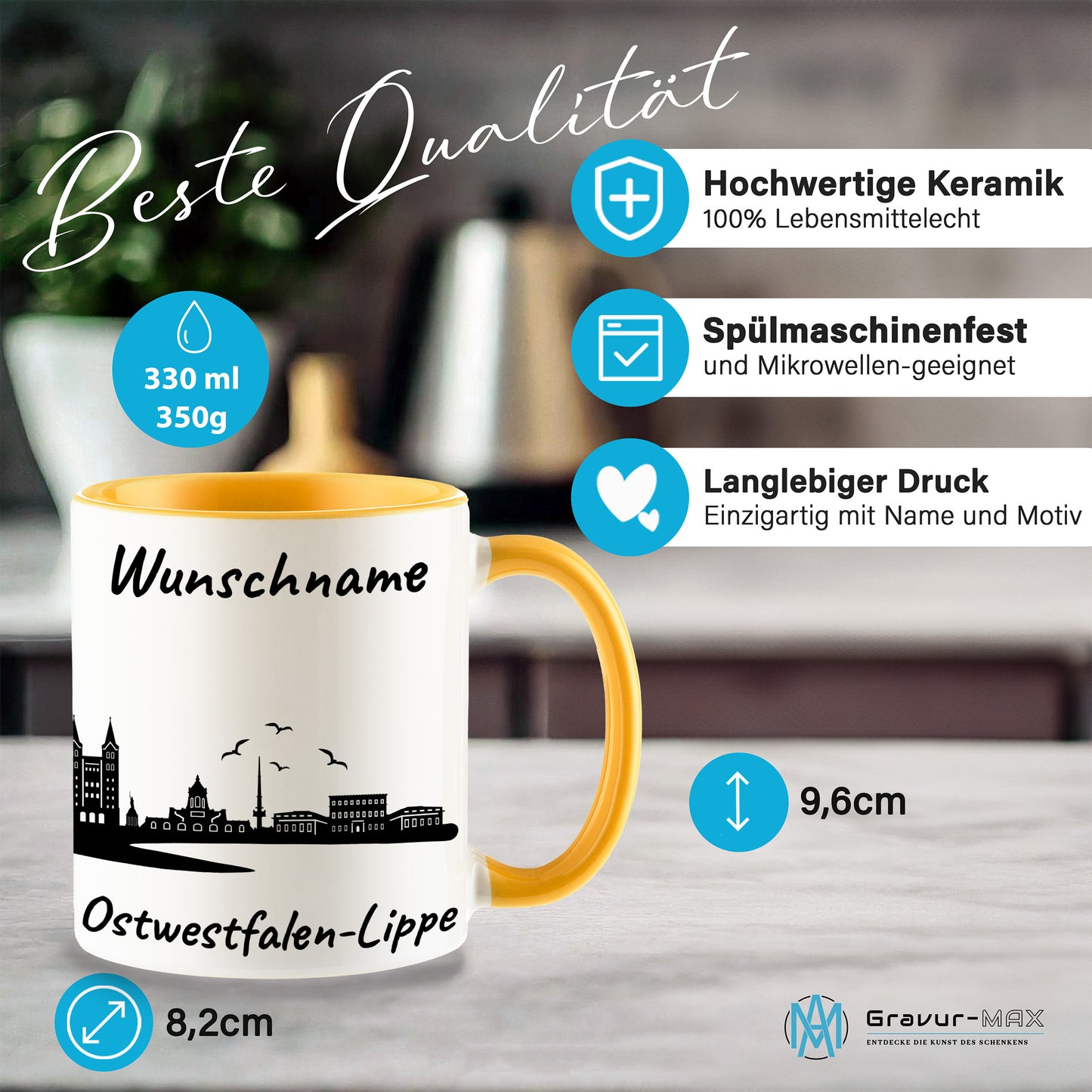 Tasse in Goldgelb 330ml bedruckt mit der Skyline von Ostwestfalen-Lippe personalisierbar mit Wunschname