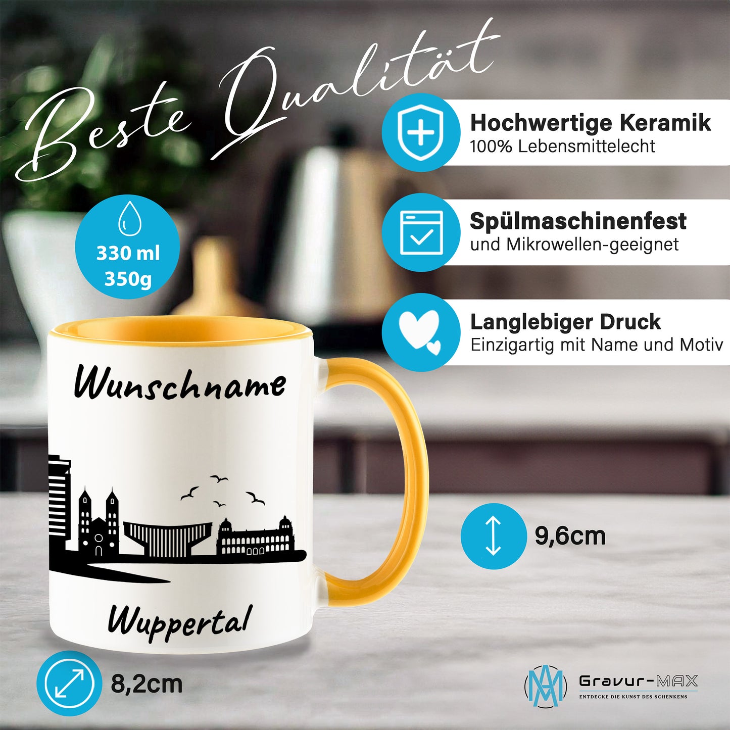 Tasse in Goldgelb 330ml bedruckt mit der Skyline von Wuppertal personalisierbar mit Wunschname