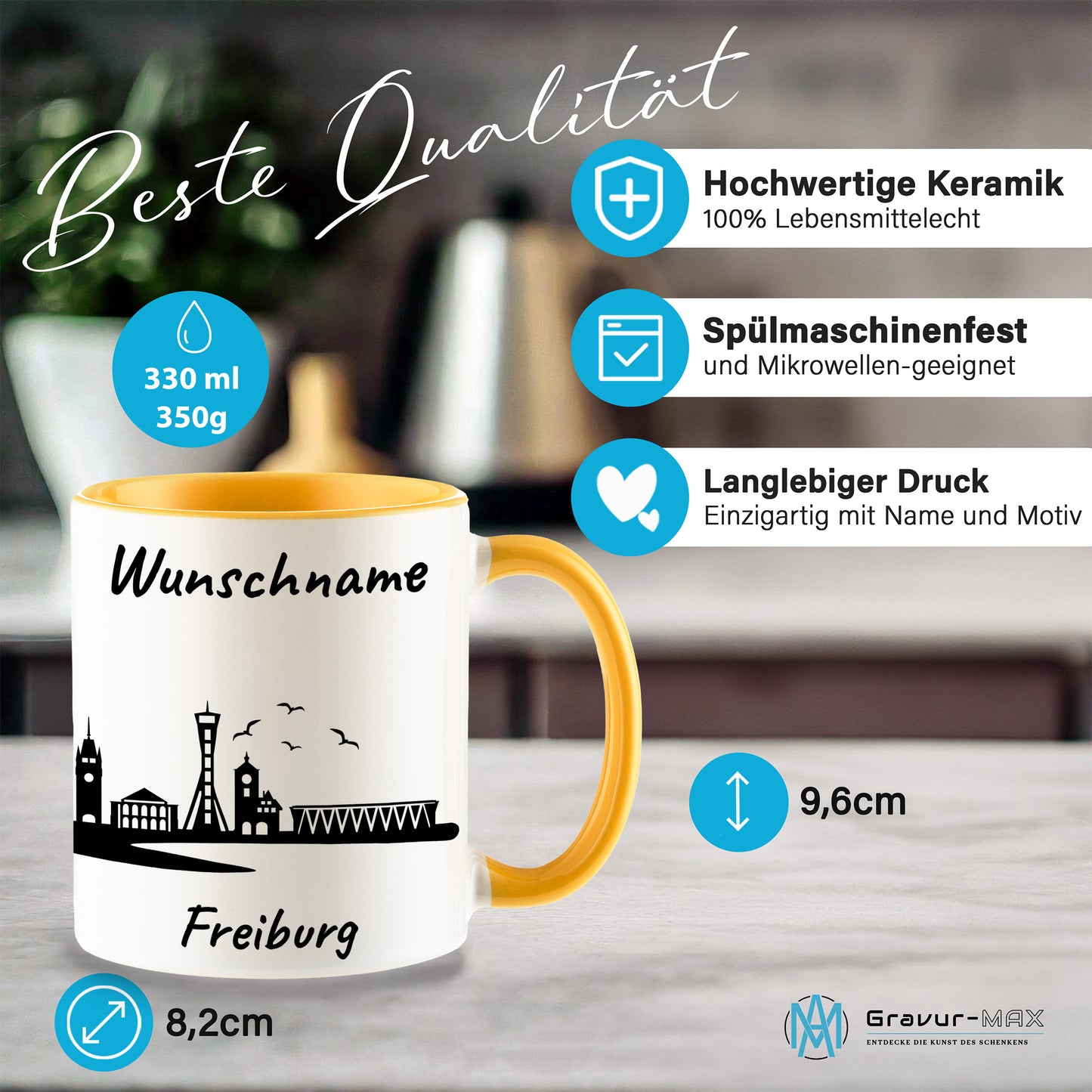 Tasse in Goldgelb 330ml bedruckt mit der Skyline von Freiburg personalisierbar mit Wunschname