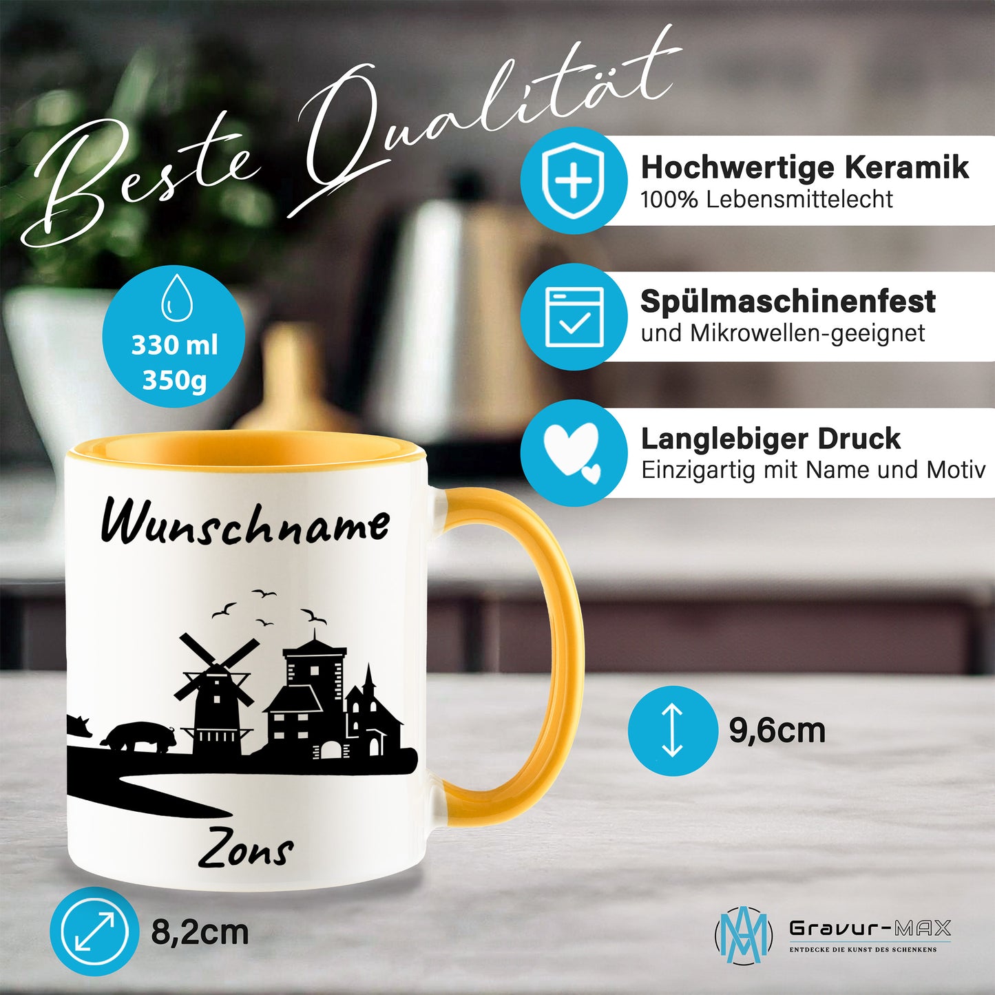 Tasse in Goldgelb 330ml bedruckt mit der Skyline von Zons (Dormagen) personalisierbar mit Wunschname