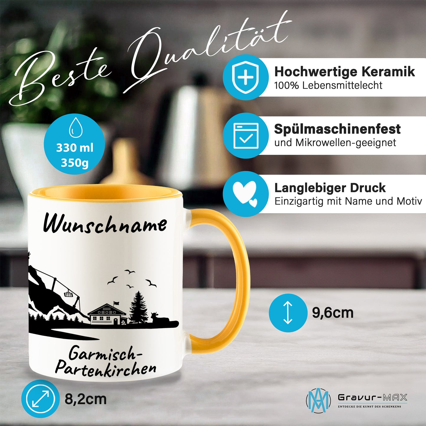 Tasse in Goldgelb 330ml bedruckt mit der Skyline von Garmisch-Partenkirchen personalisierbar mit Wunschname