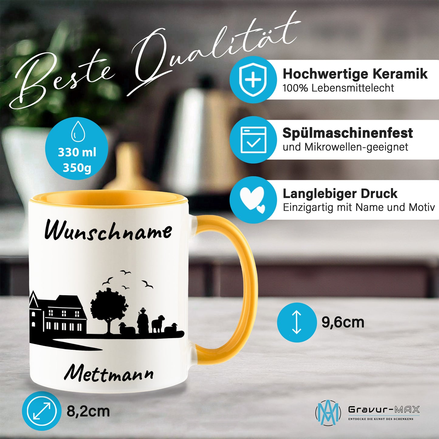 Tasse in Goldgelb 330ml bedruckt mit der Skyline von Mettmann personalisierbar mit Wunschname