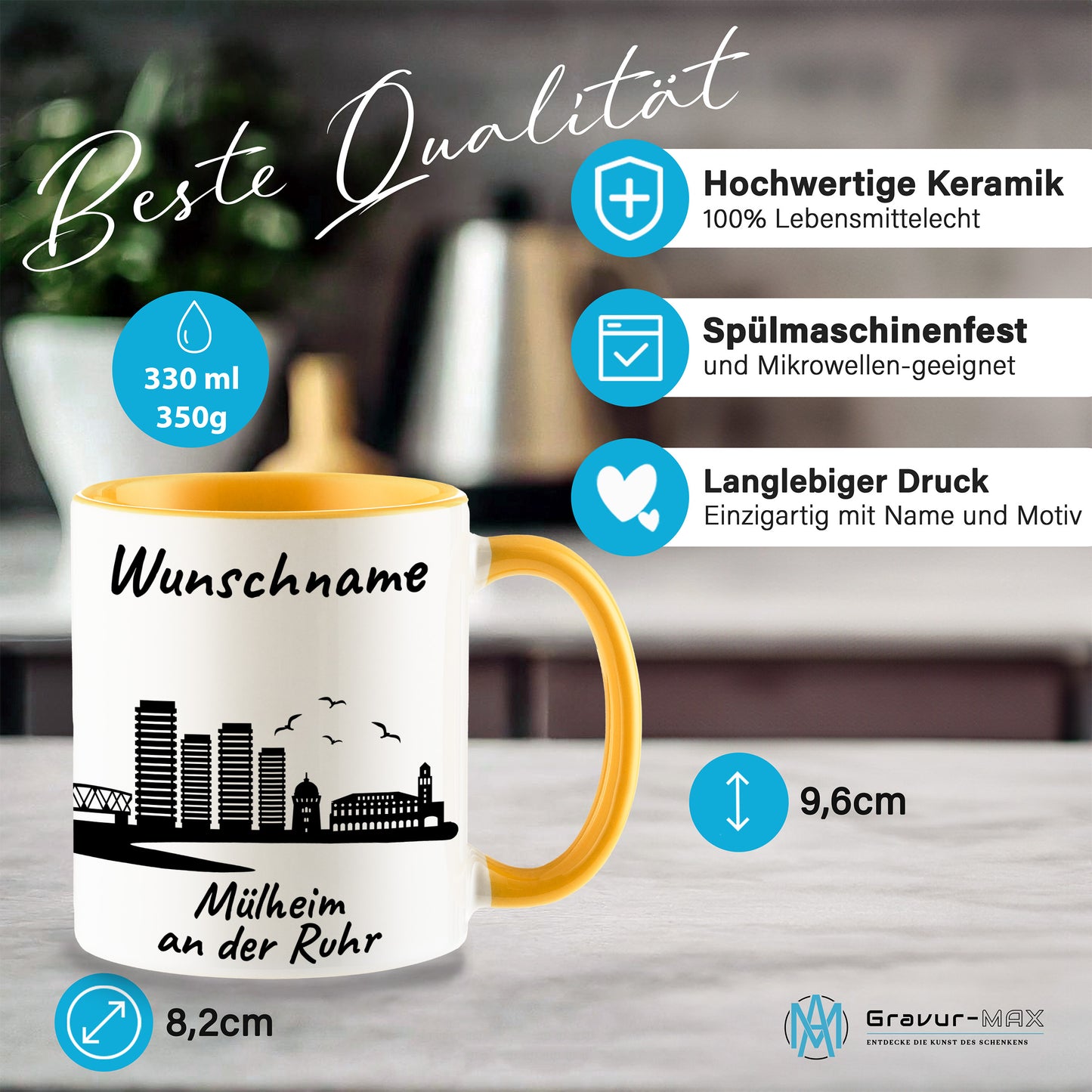 Tasse in Goldgelb 330ml bedruckt mit der Skyline von Mülheim an der Ruhr personalisierbar mit Wunschname