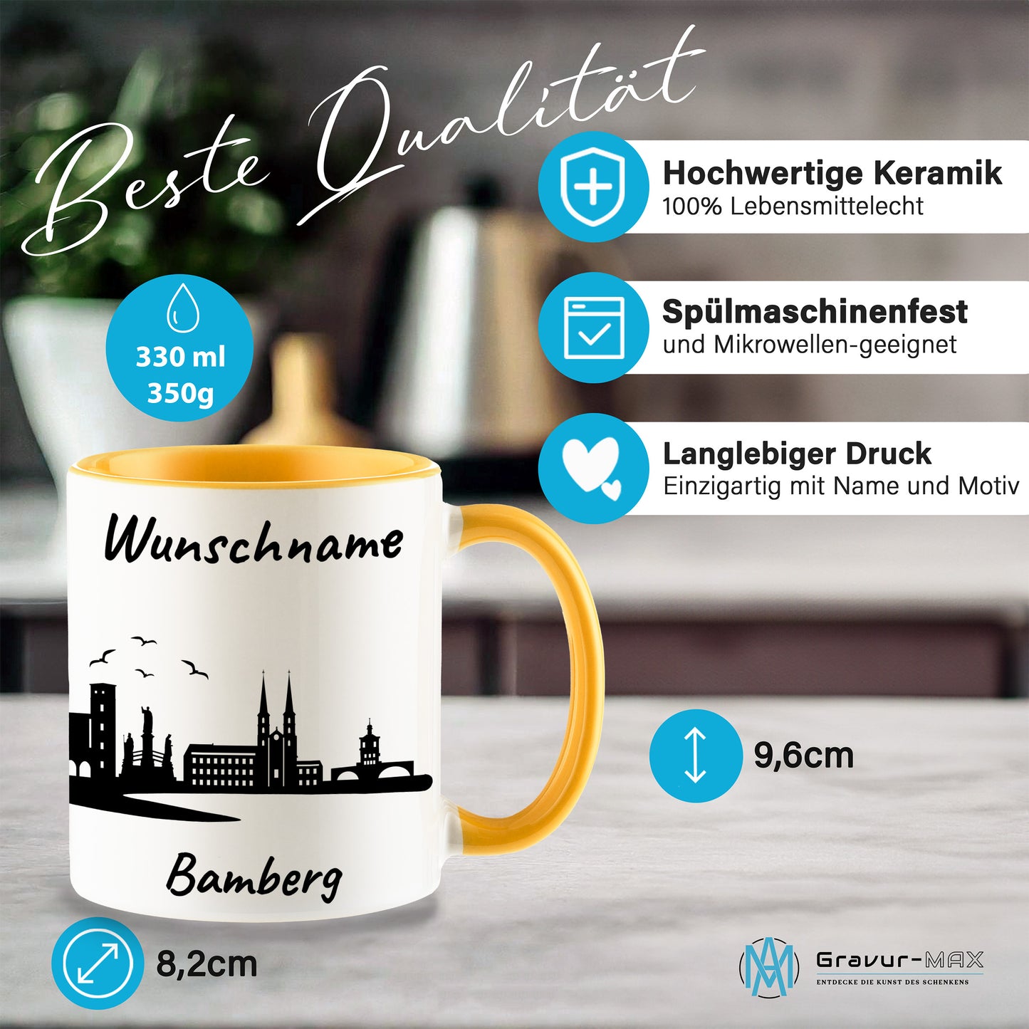 Tasse in Goldgelb 330ml bedruckt mit der Skyline von Bamberg personalisierbar mit Wunschname