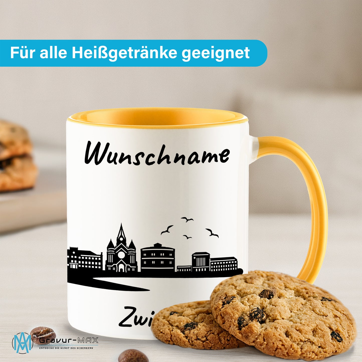 Tasse in Goldgelb 330ml bedruckt mit der Skyline von Zwickau personalisierbar mit Wunschname