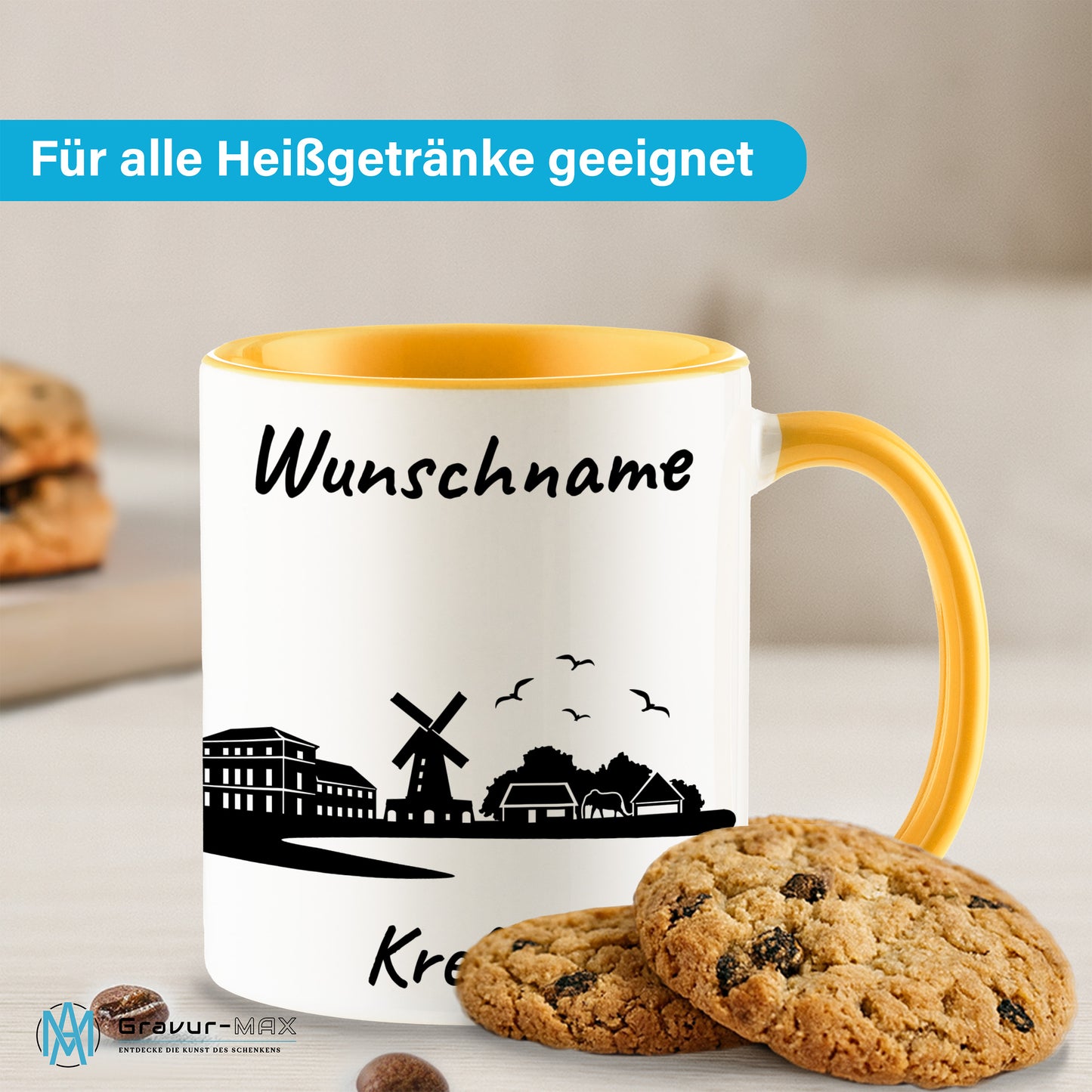 Tasse in Goldgelb 330ml bedruckt mit der Skyline von Krefeld personalisierbar mit Wunschname