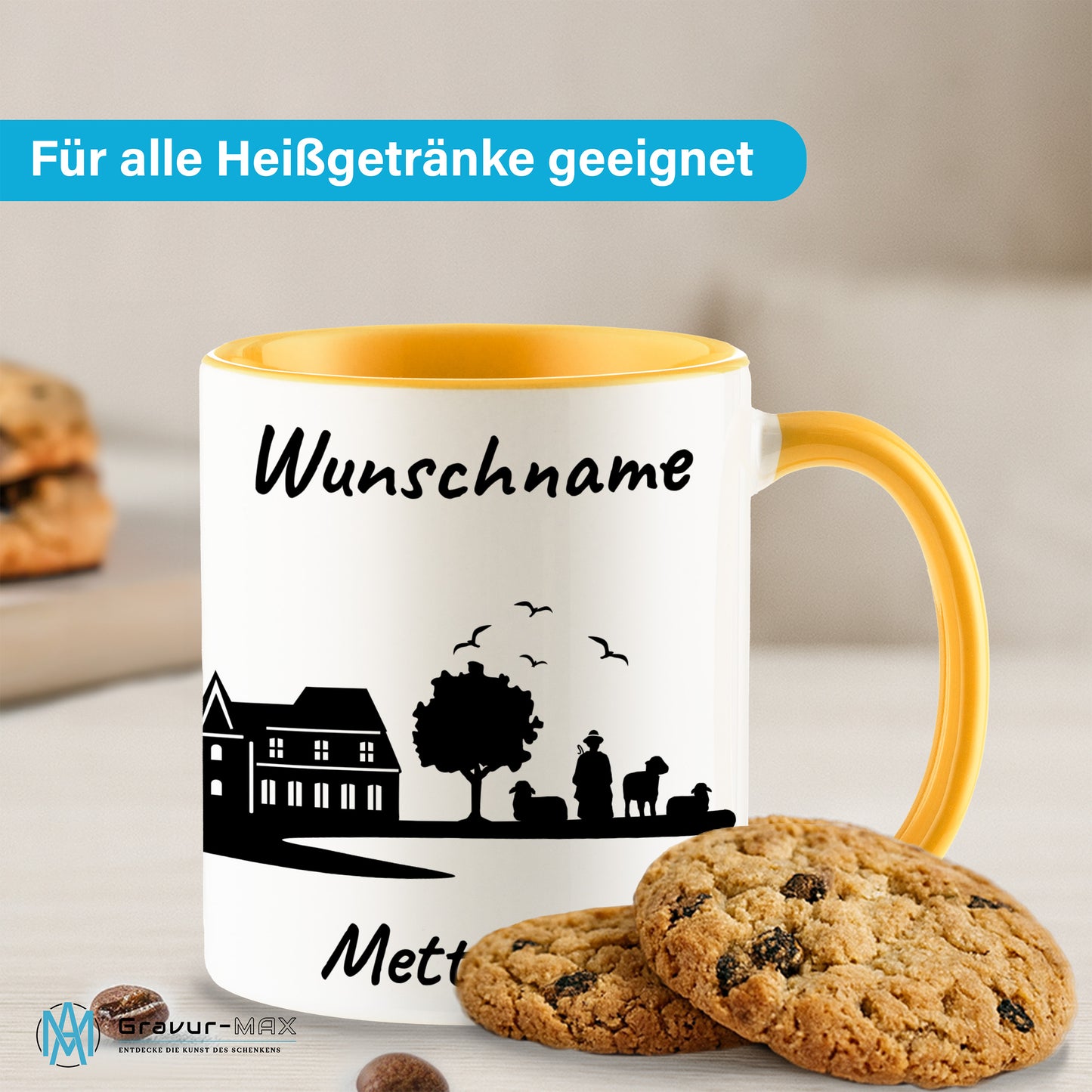 Tasse in Goldgelb 330ml bedruckt mit der Skyline von Mettmann personalisierbar mit Wunschname