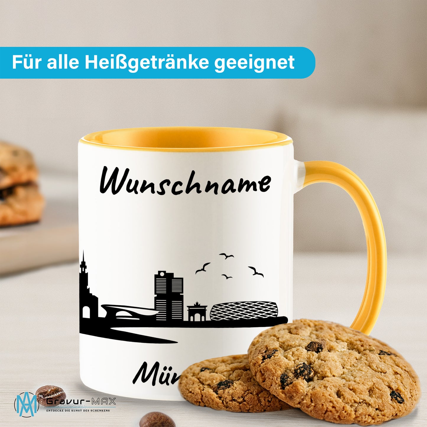 Tasse in Goldgelb 330ml bedruckt mit der Skyline von München personalisierbar mit Wunschname